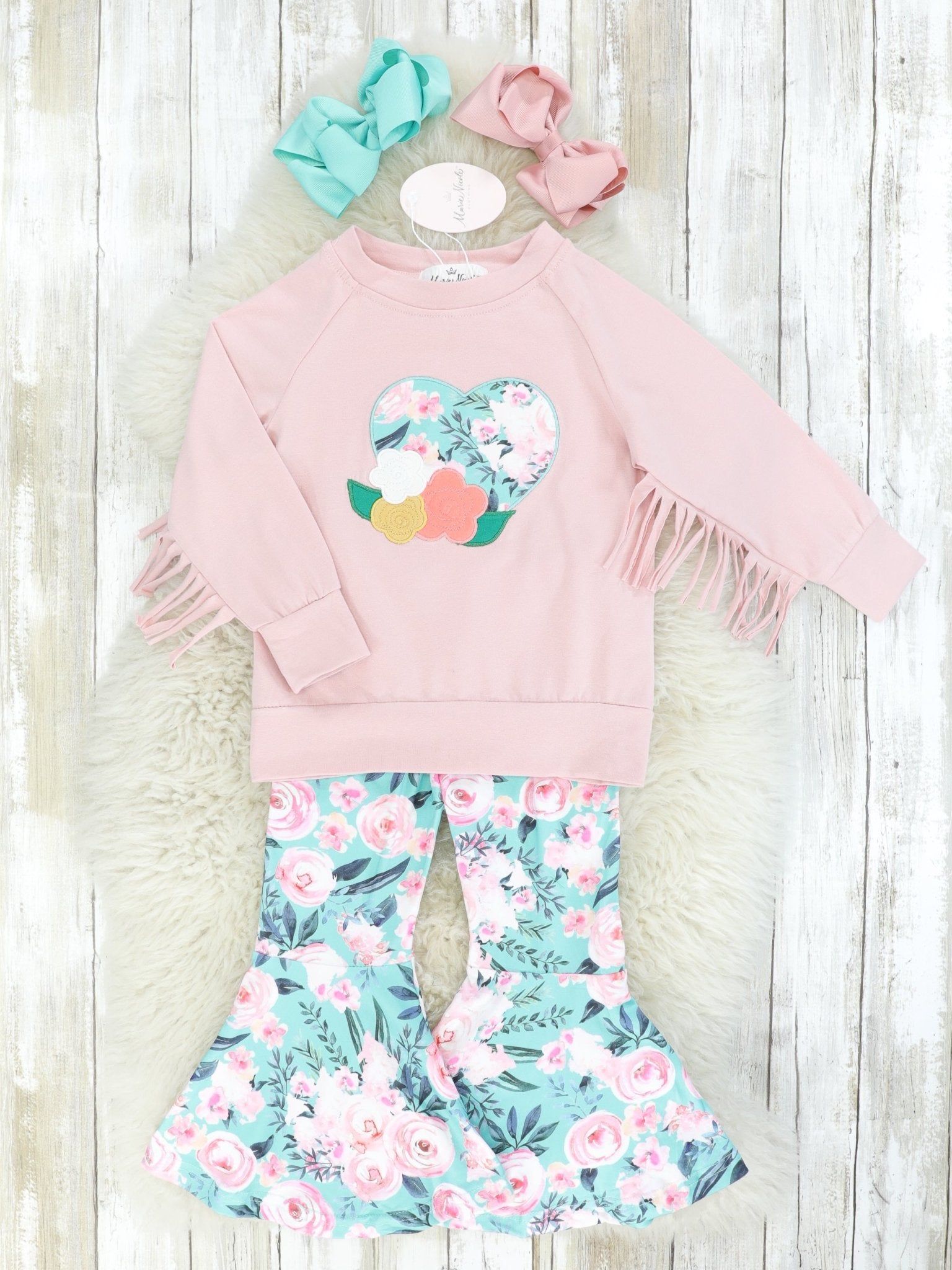 Mauve & Blue Roses Fringe Top & Bell Bottoms Outfit - Marie Nicole Clothing