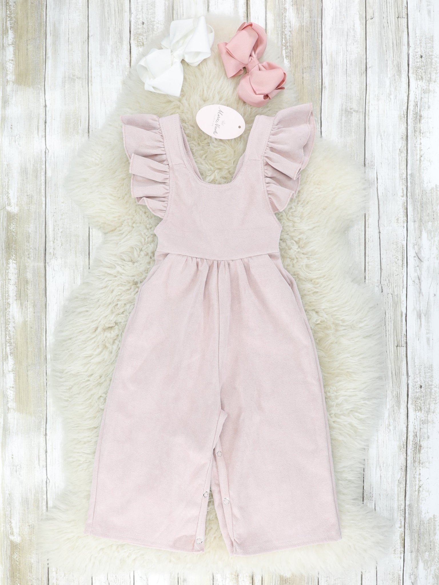 Suede Ruffle Cross Back Button Romper - Multiple Colors - Marie Nicole Clothing
