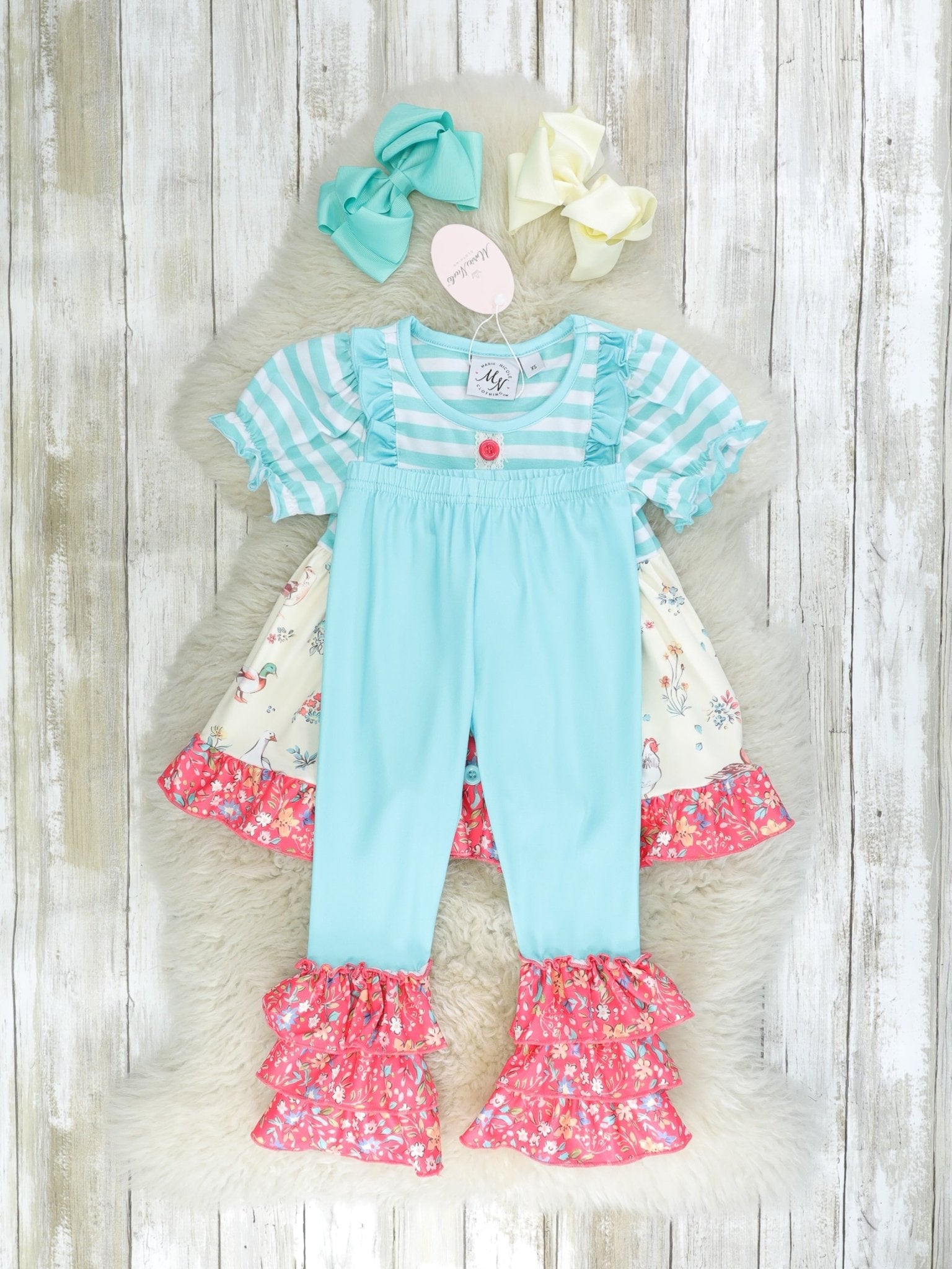 Blue Striped Flock Ruffle Outfit - Marie Nicole Clothing