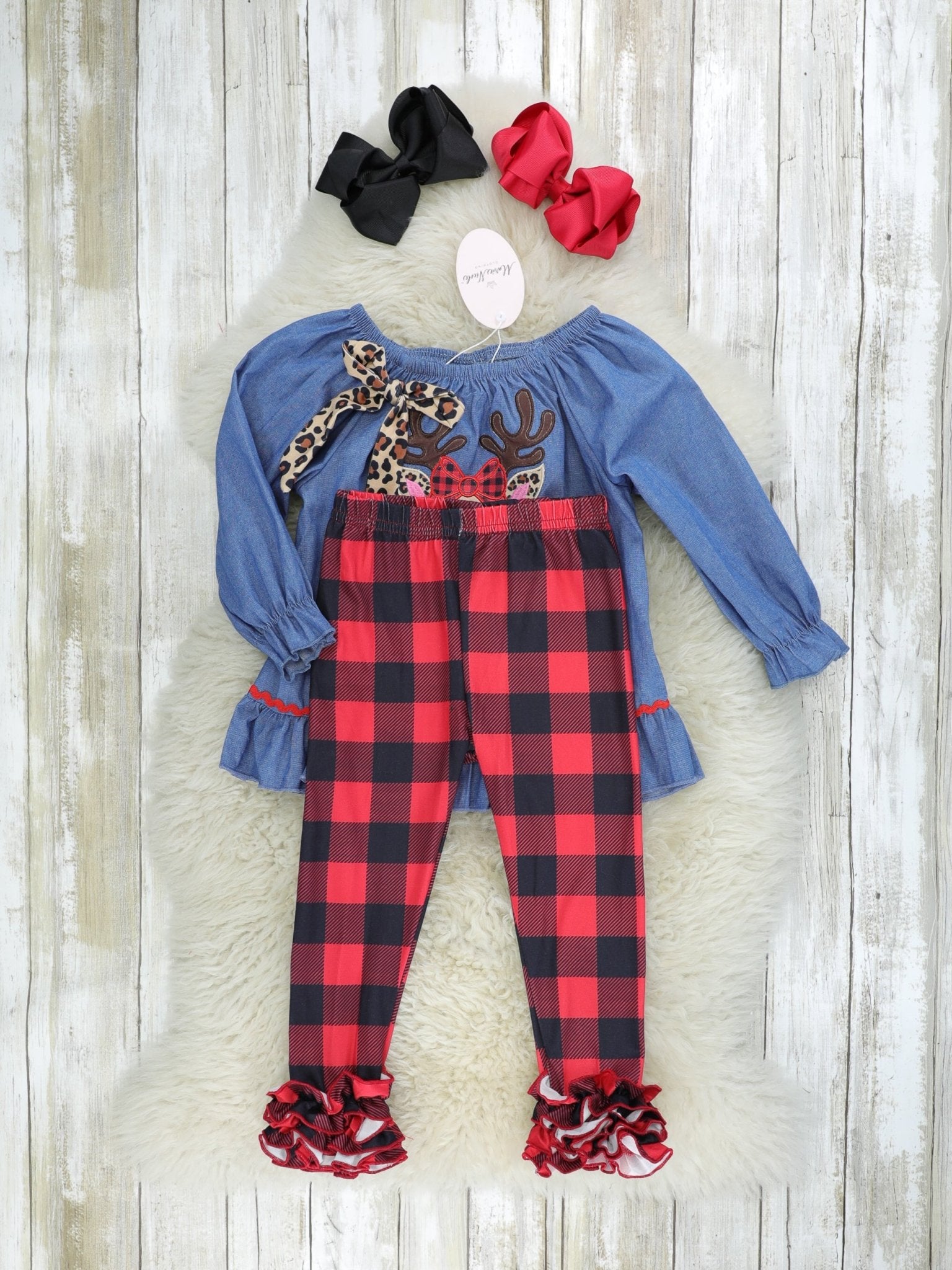 Buffalo Plaid & Leopard Reindeer Outfit - Marie Nicole Clothing