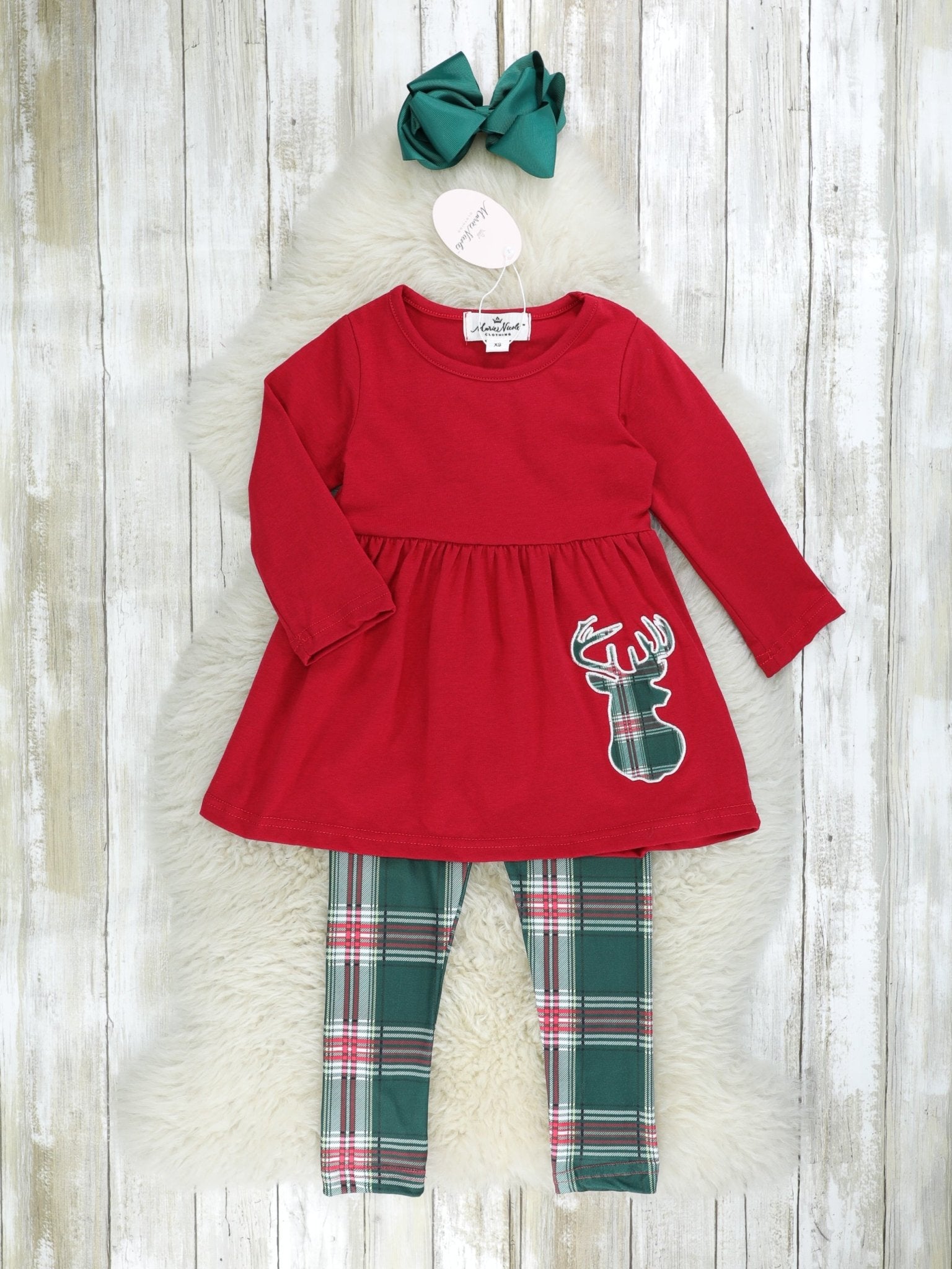 Hunter Green Plaid Reindeer 3 - Piece Outfit - Marie Nicole Clothing