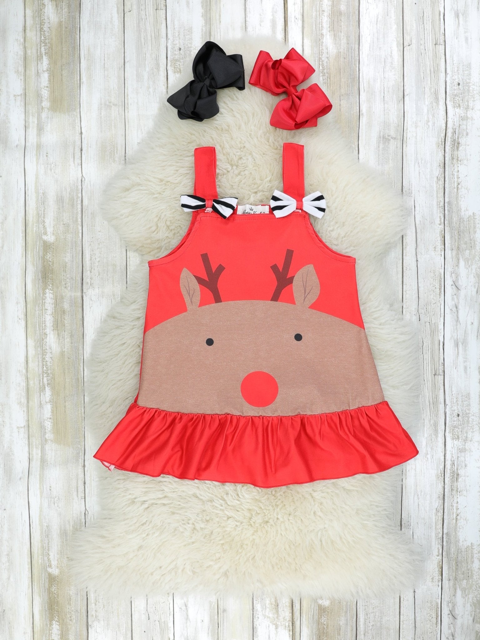 Red Striped Reindeer Ruffle Dress - Marie Nicole Clothing