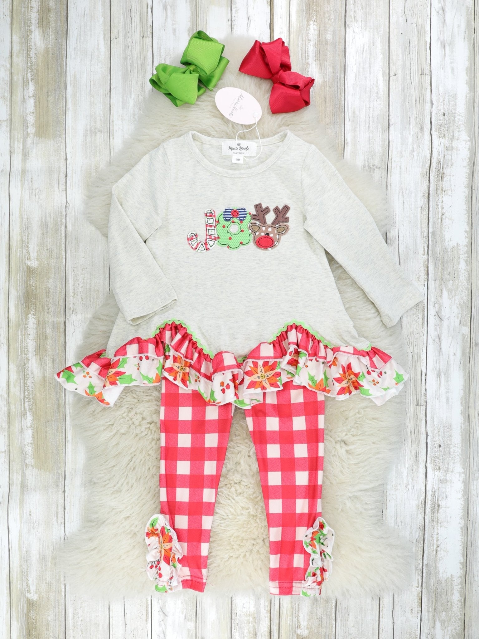 Red Gingham "JOY" Ruffle Outfit - Marie Nicole Clothing