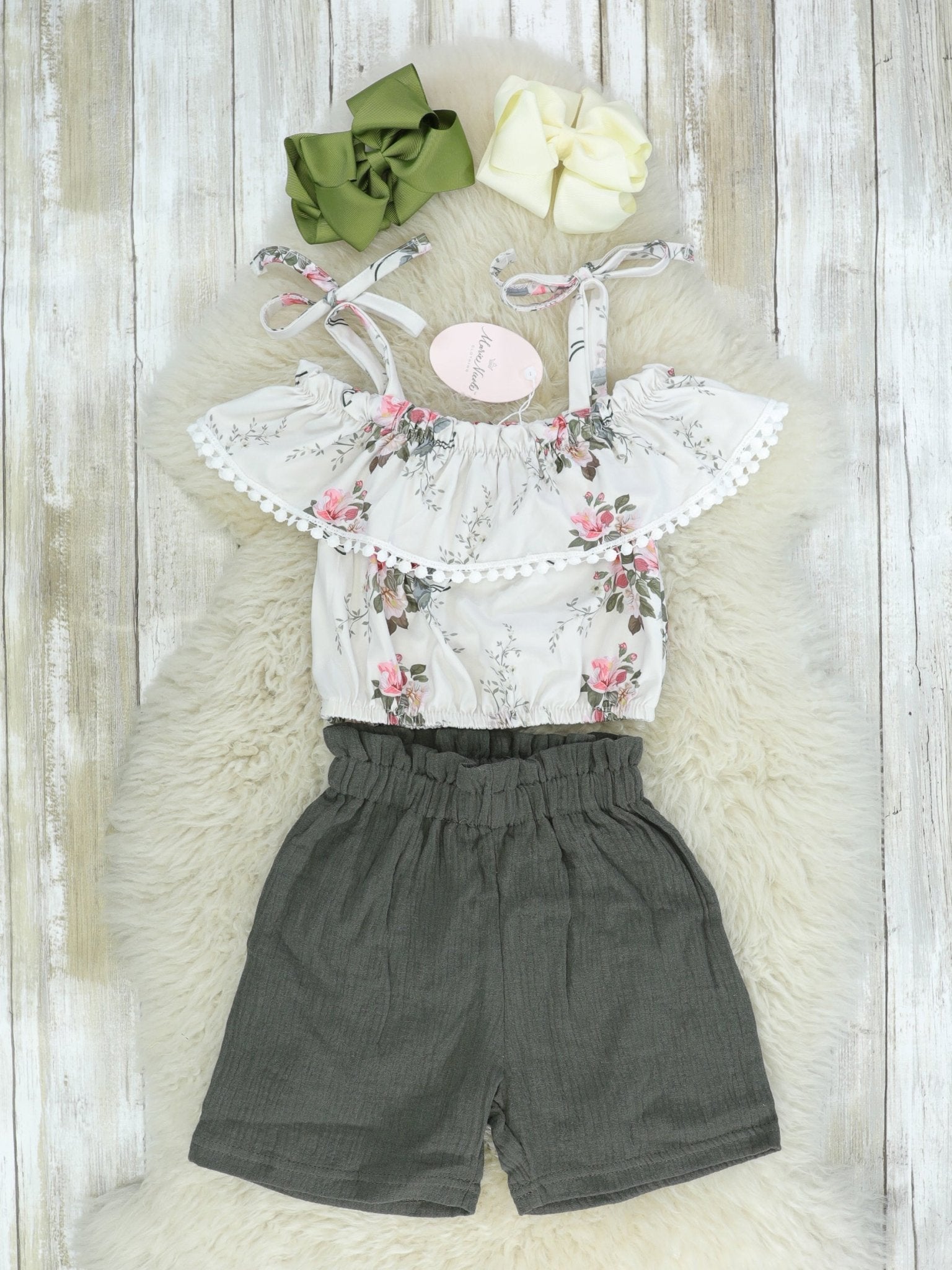 White Floral Ruffle Top & Shorts Outfit - Marie Nicole Clothing