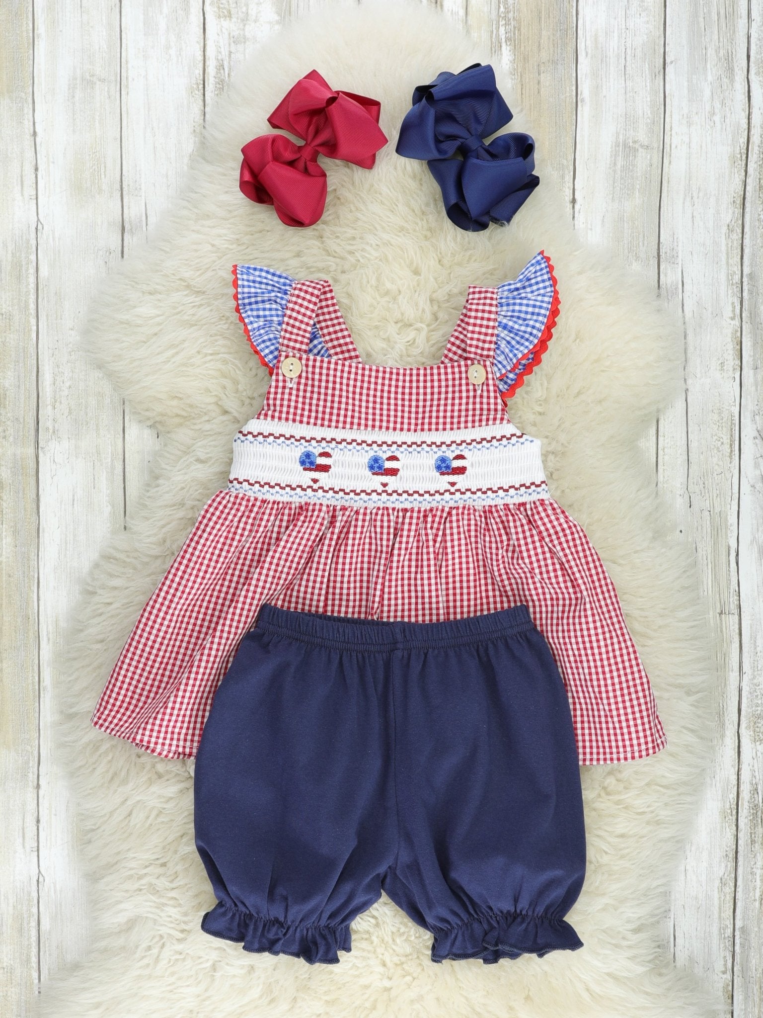 Red Gingham American Heart Smocked Outfit - Marie Nicole Clothing