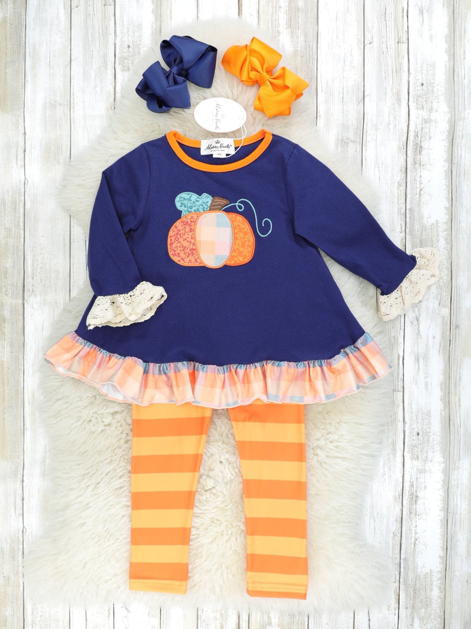 Plaid Pumpkin Ruffle Tunic & Striped Bottoms Outfit - Marie Nicole Clothing