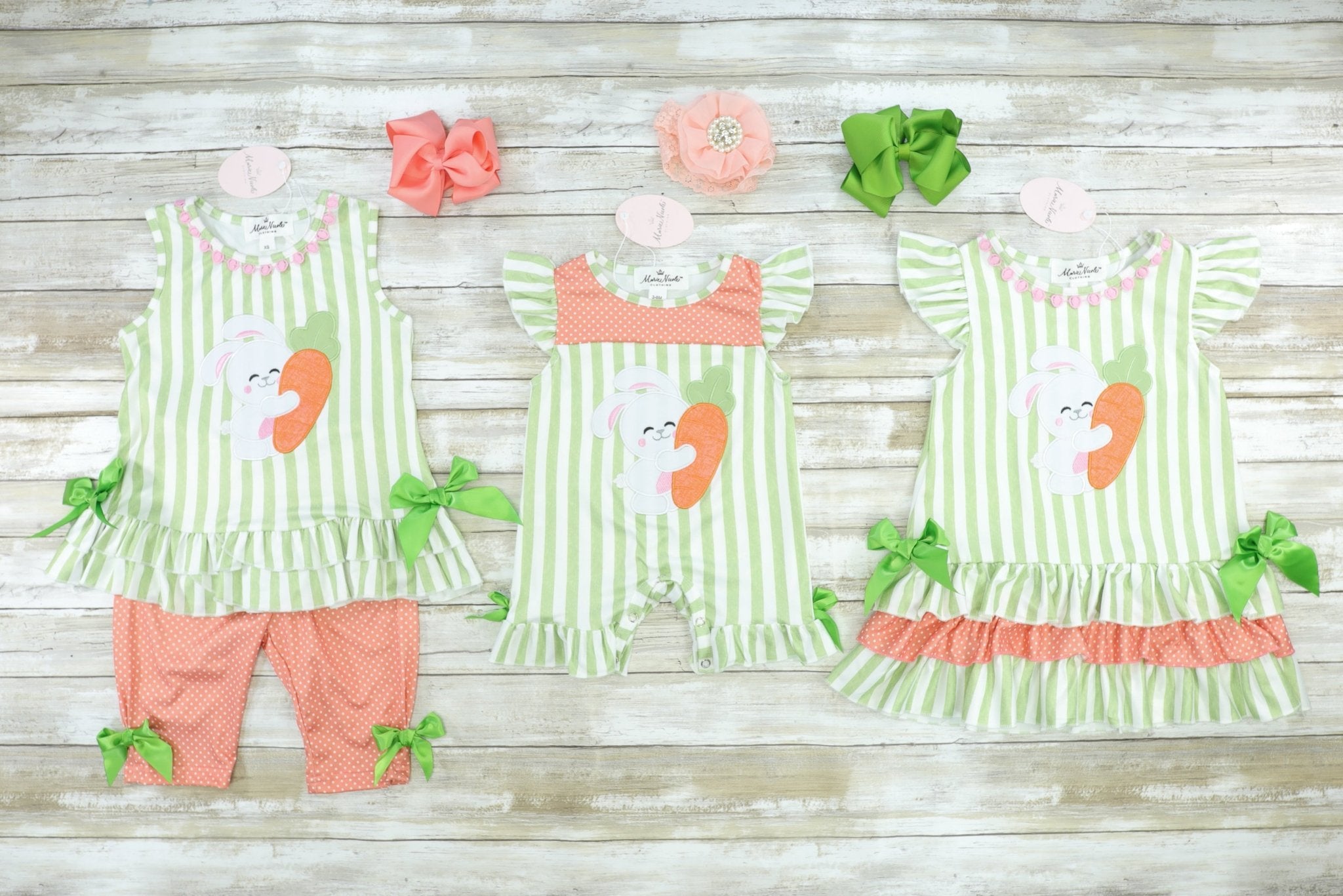 Green & Coral Spring Bunny Bow Dress - Marie Nicole Clothing