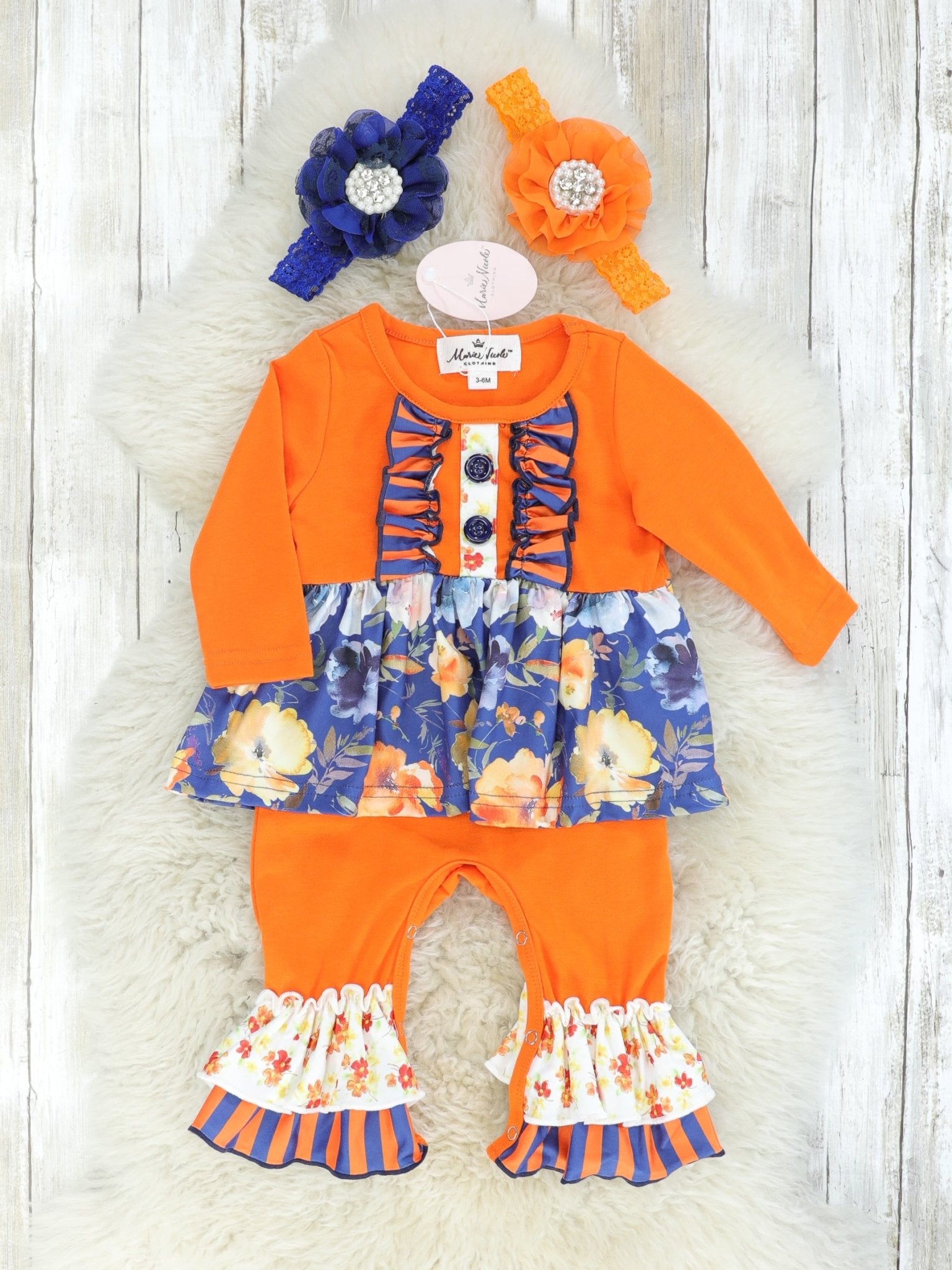 Navy Floral & Orange Striped Ruffle Romper - Marie Nicole Clothing