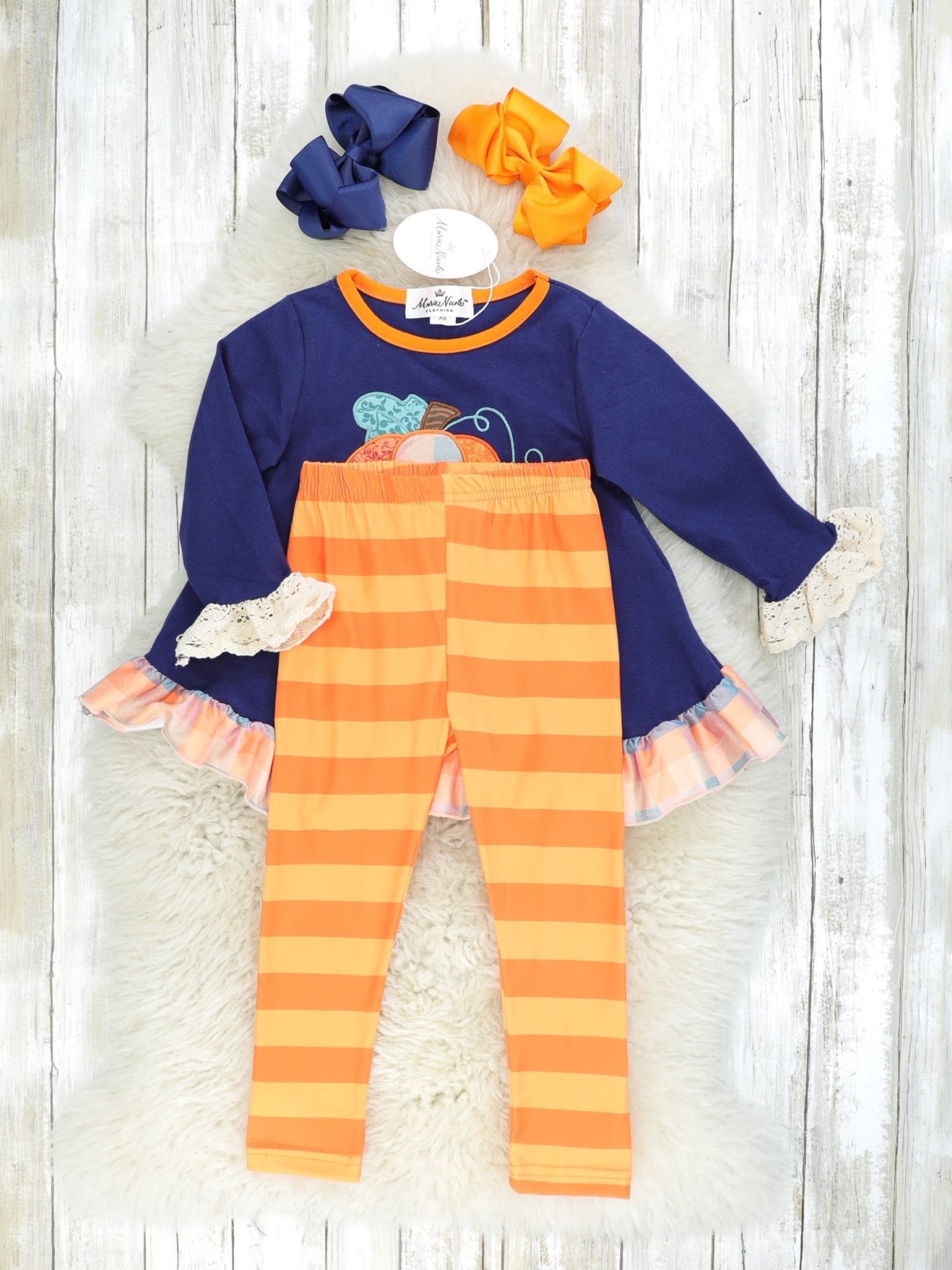 Plaid Pumpkin Ruffle Tunic & Striped Bottoms Outfit - Marie Nicole Clothing
