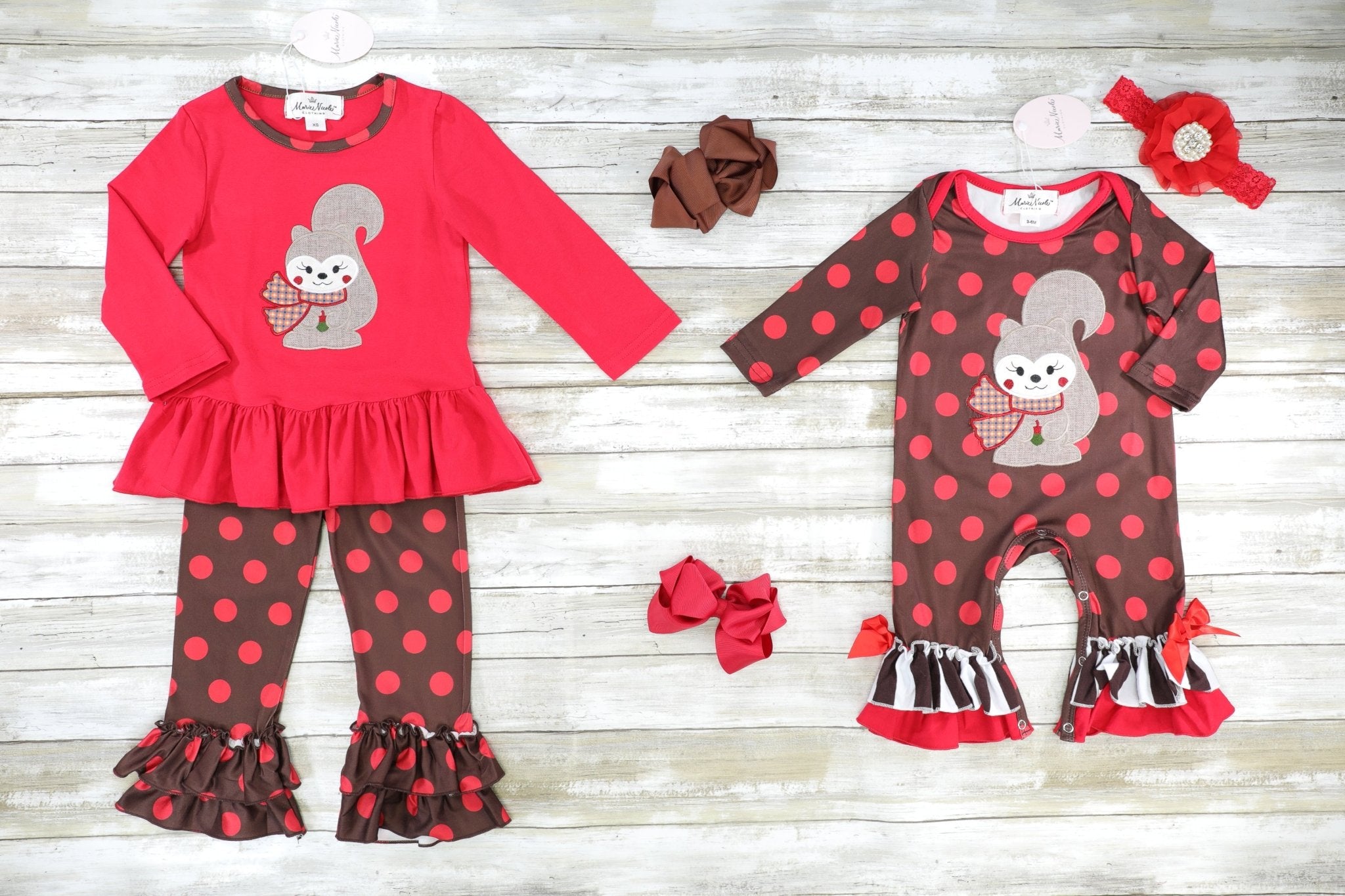 Polka Dotted Squirrel Ruffle Outfit - Marie Nicole Clothing