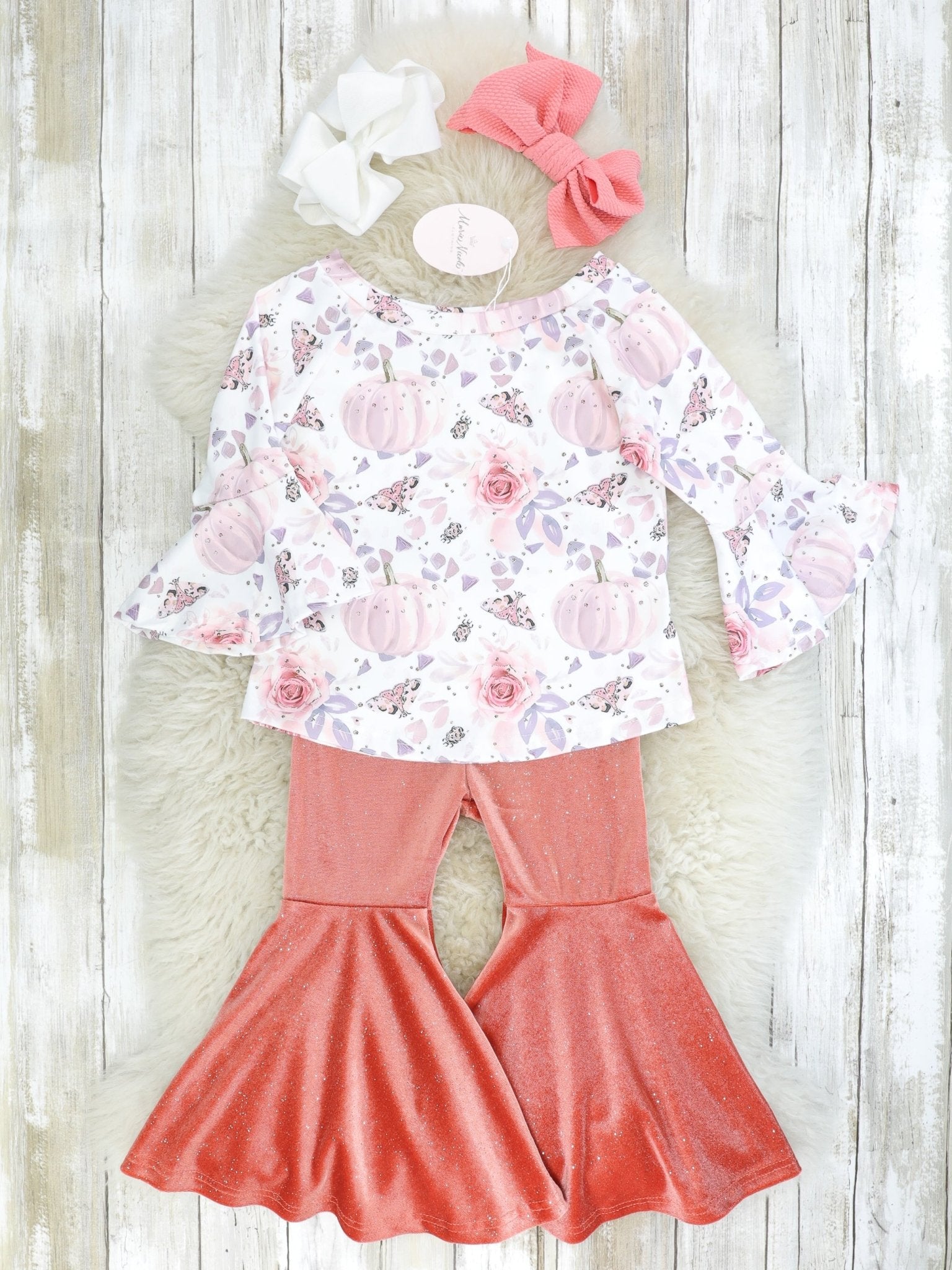 Pink Floral Pumpkin Top & Velvet Bell Bottoms - Marie Nicole Clothing