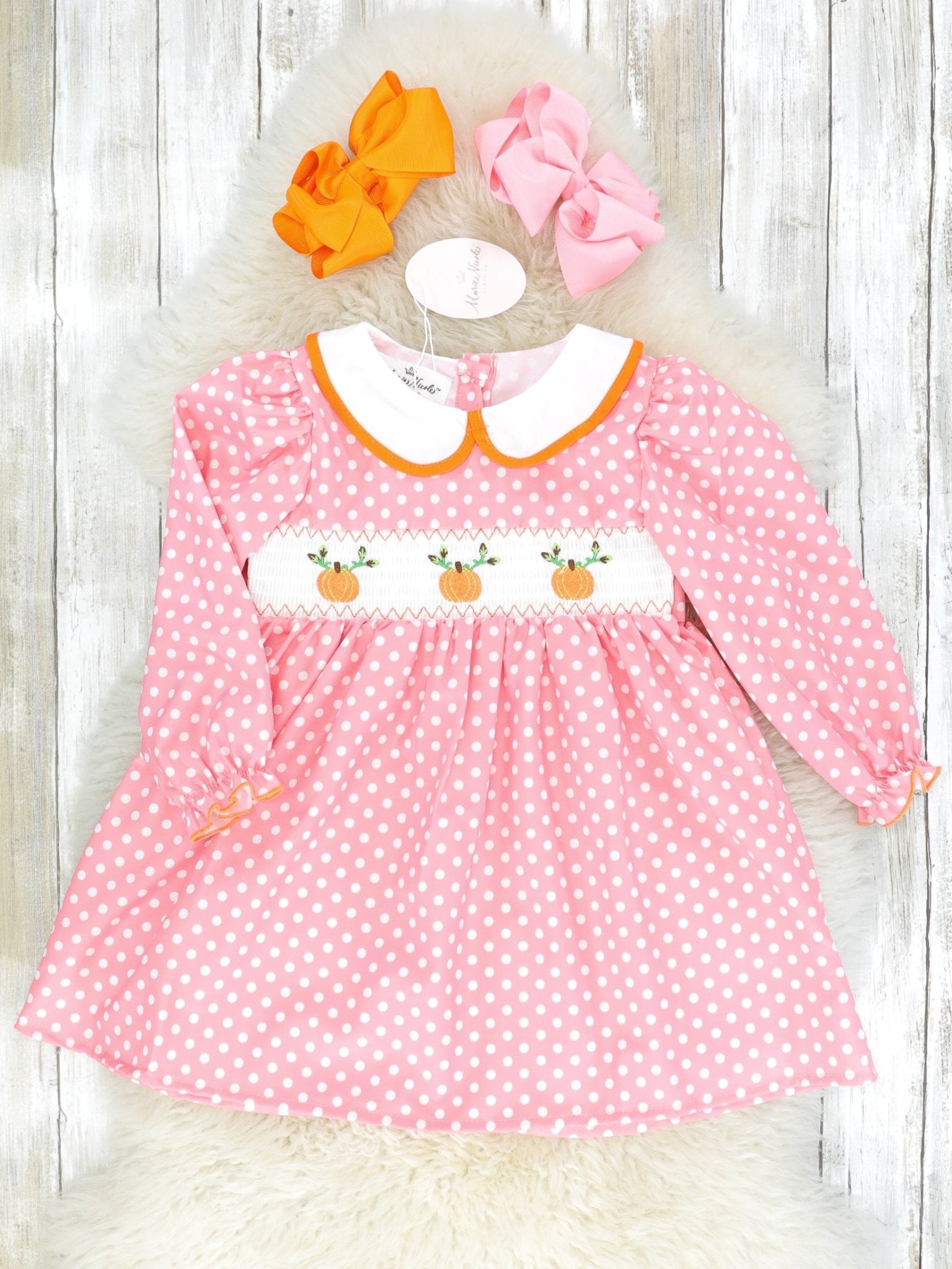 Pink Polka Dotted Smocked Pumpkin Dress - Marie Nicole Clothing