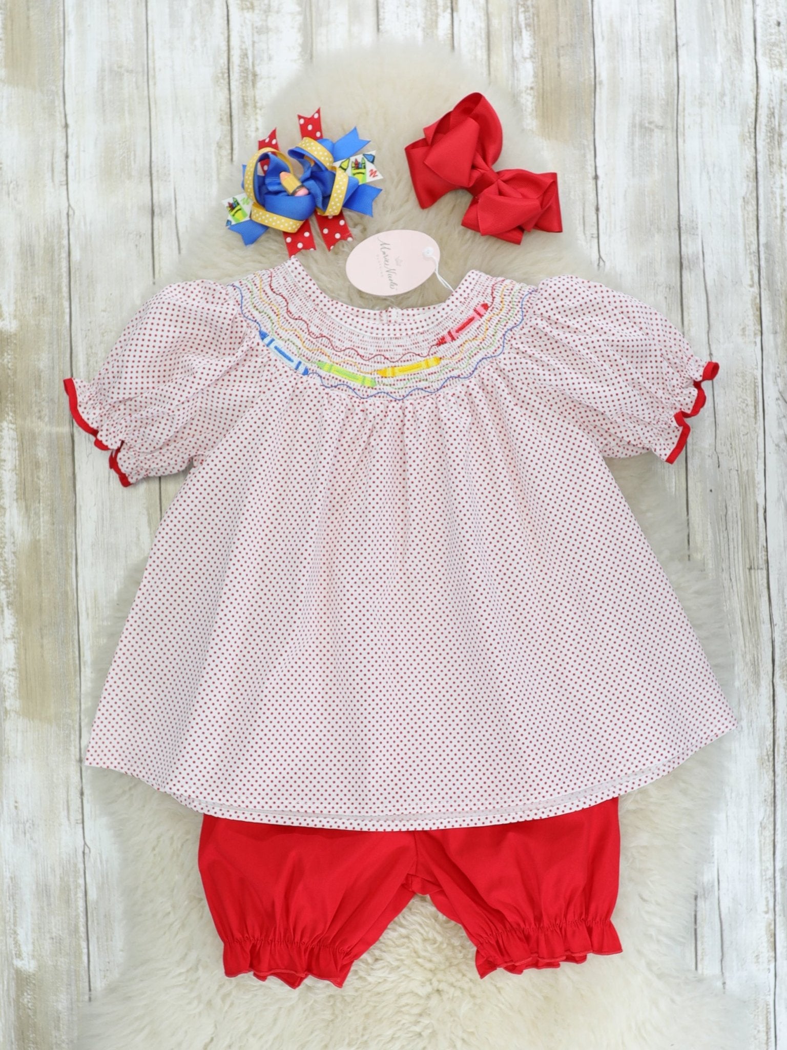 Red Polka Dotted Crayon Smocked Outfit - Marie Nicole Clothing