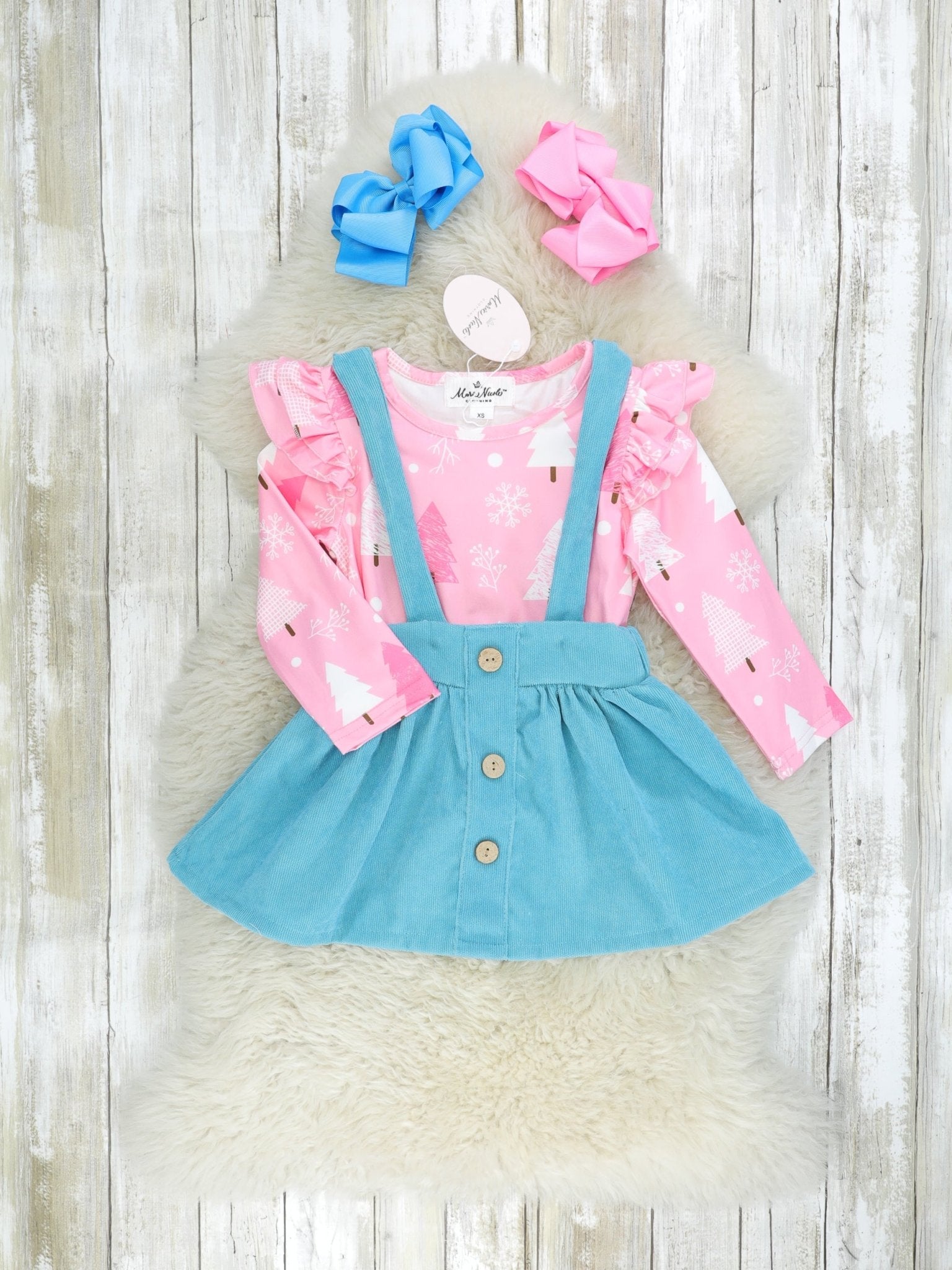 Pink Christmas Tree Ruffle Top & Blue Suspender Skirt Set - Marie Nicole Clothing