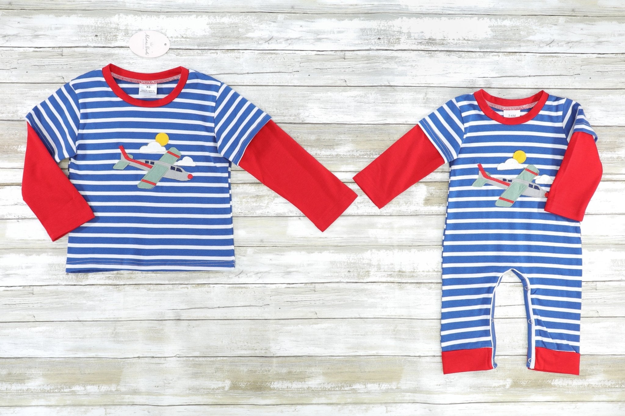 Striped Airplane Long Sleeve Romper - Marie Nicole Clothing