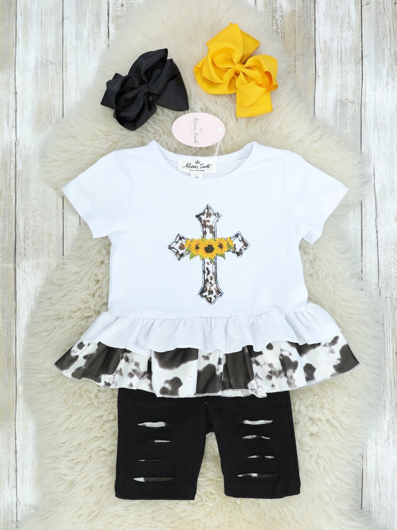 Sunflower Cross Ruffle Top & Distressed Bottoms Outfit - Marie Nicole Clothing