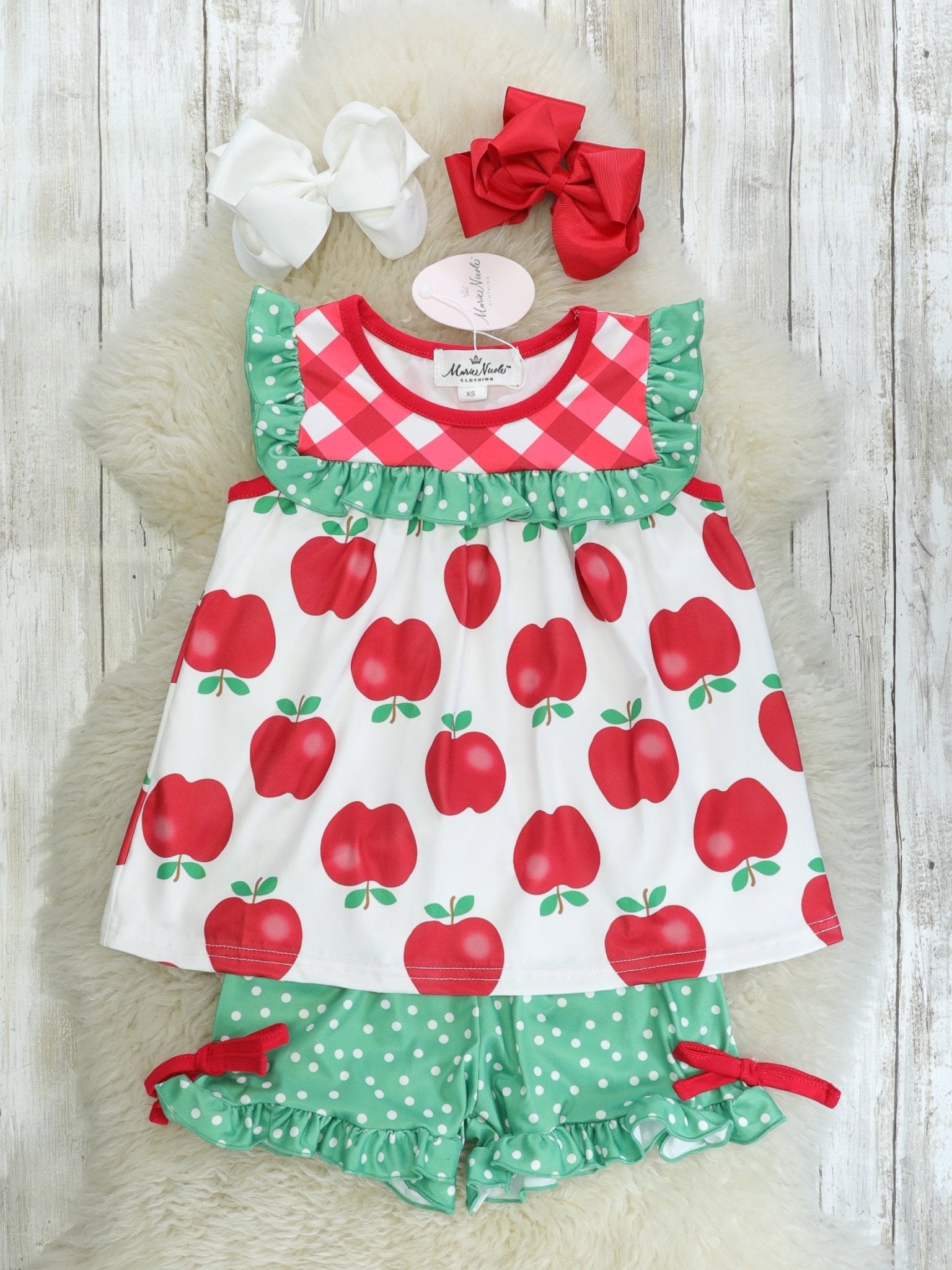 Red & Green Apple Ruffle Outfit - Marie Nicole Clothing