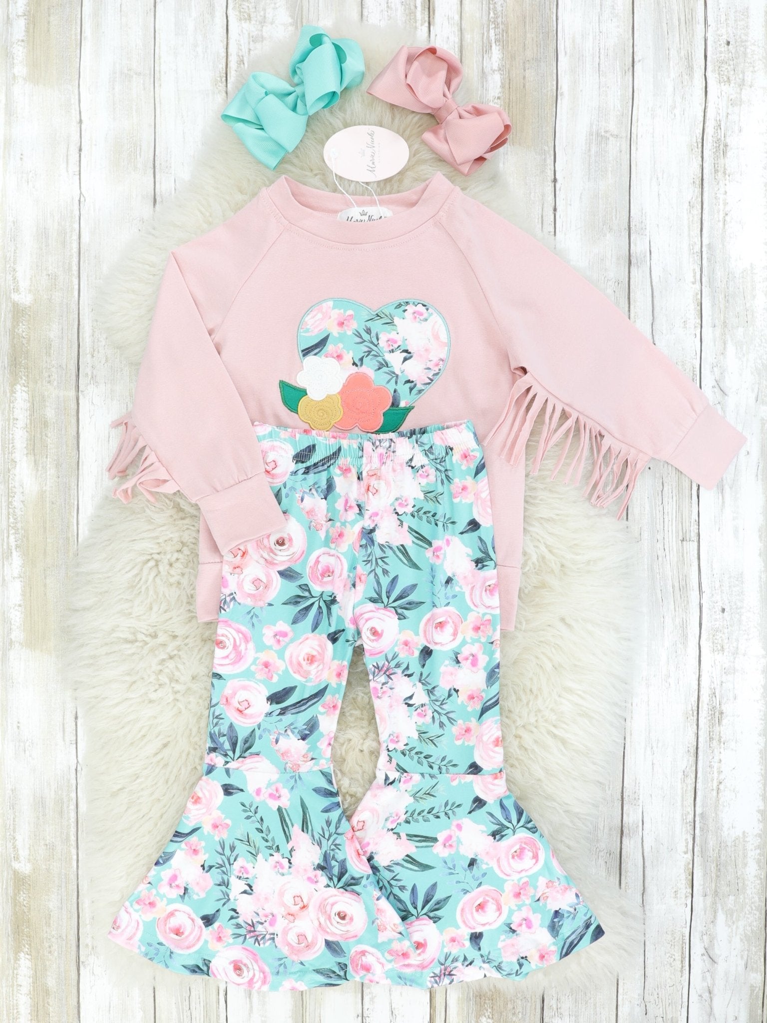 Mauve & Blue Roses Fringe Top & Bell Bottoms Outfit - Marie Nicole Clothing