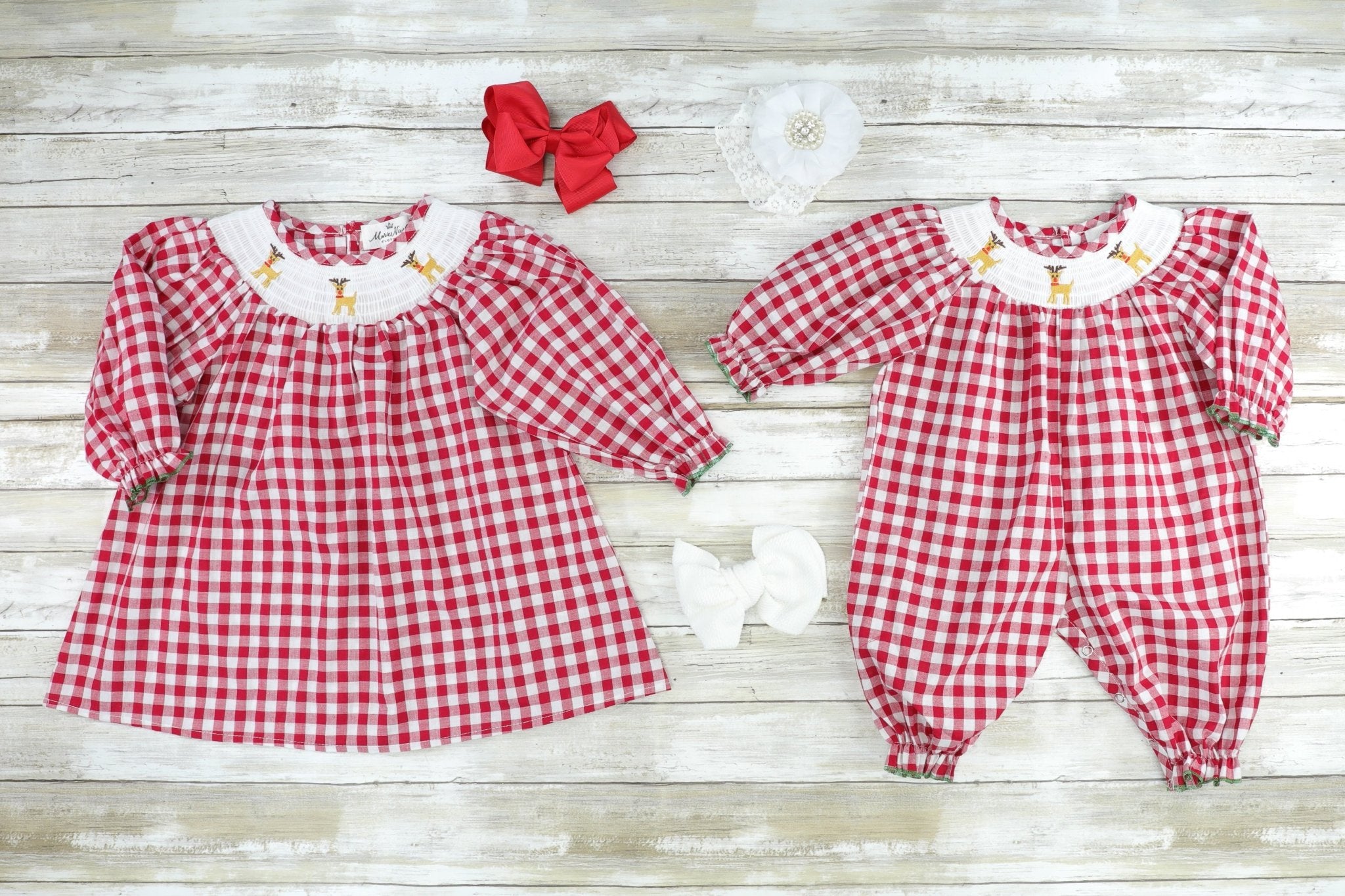 Red Plaid Reindeer Smocked Romper - Marie Nicole Clothing