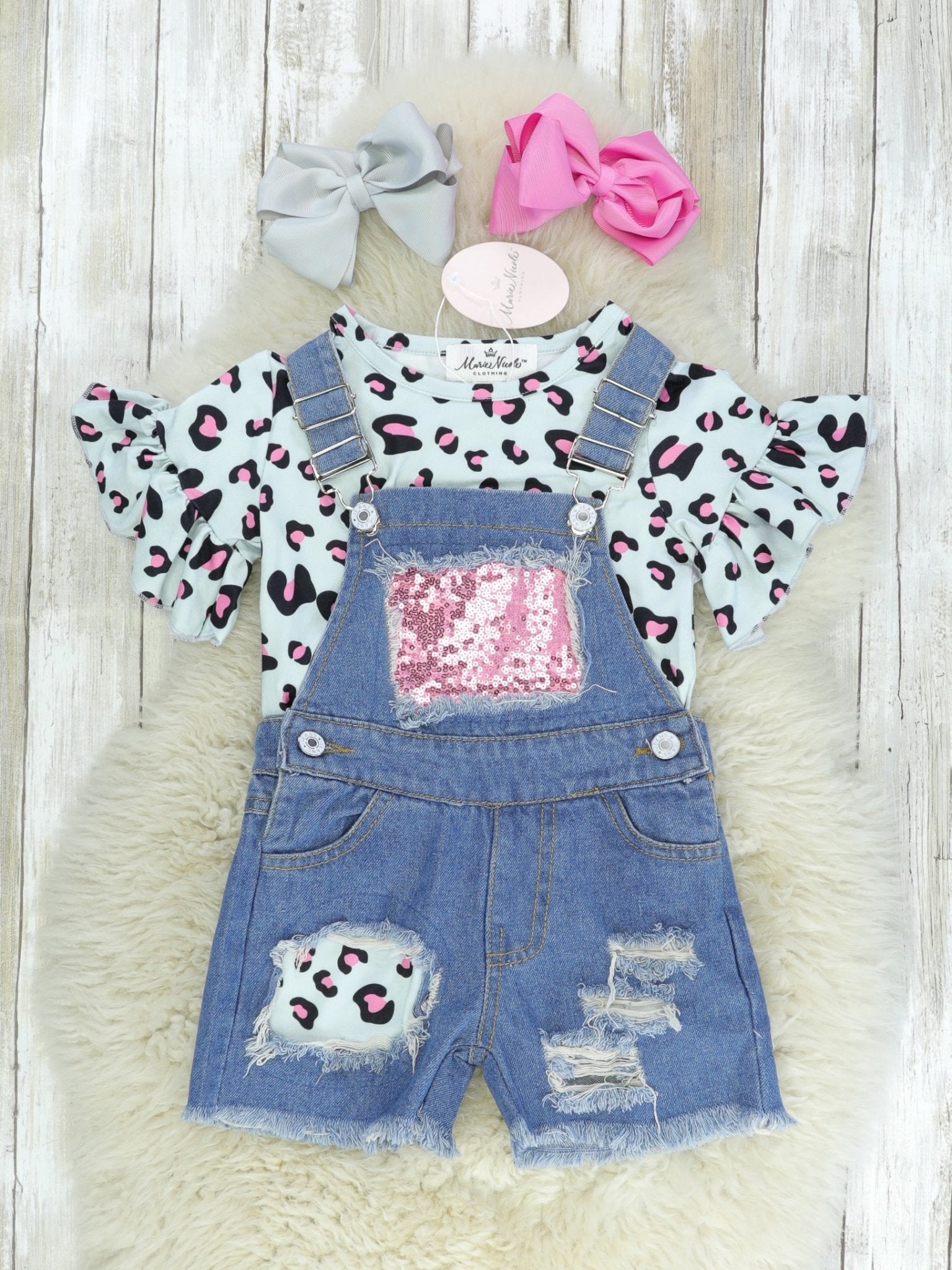 Pink Leopard Sequin Shorts Overalls - Marie Nicole Clothing