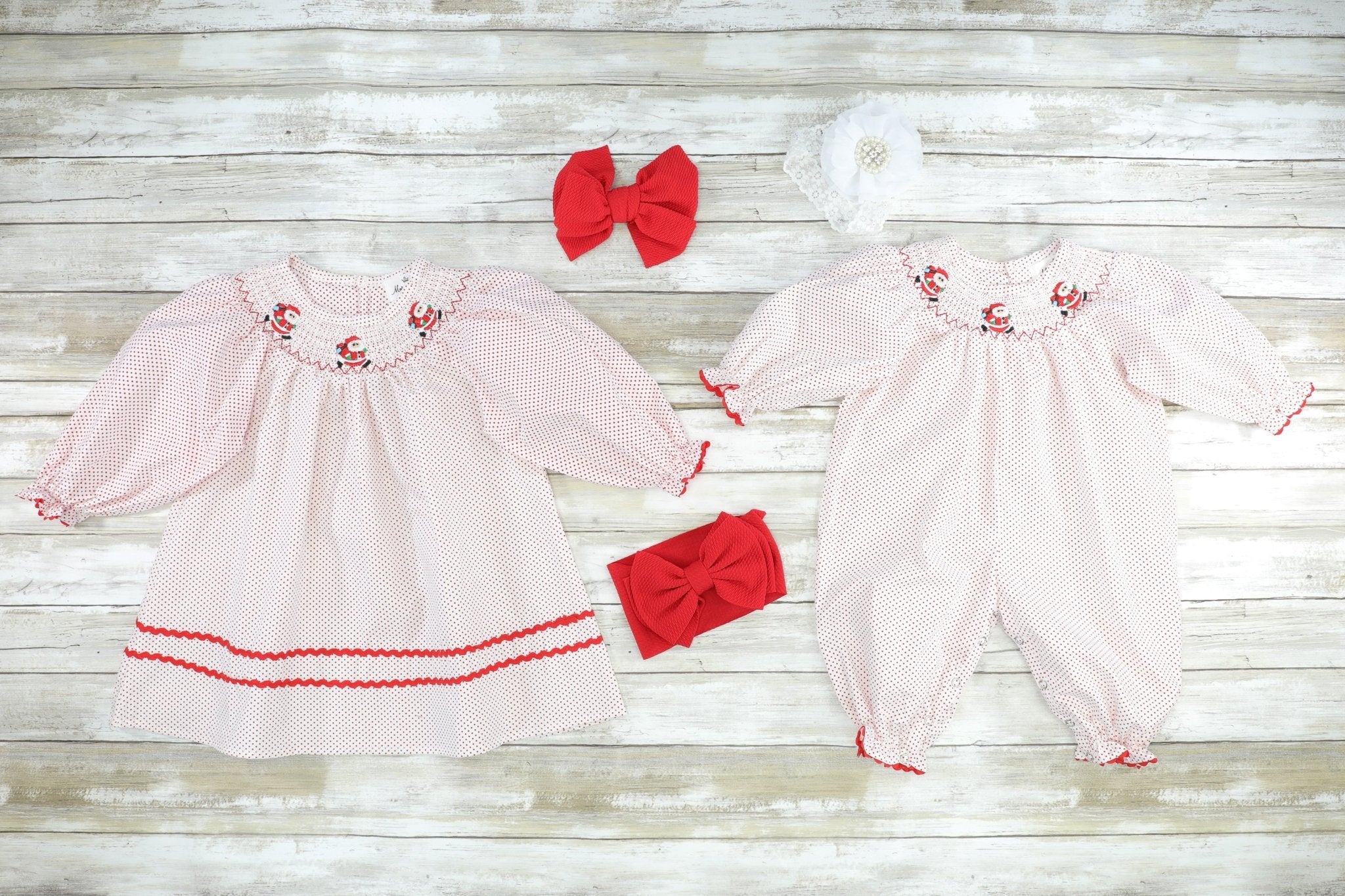 Pink & Red Santa Smocked Romper - Marie Nicole Clothing