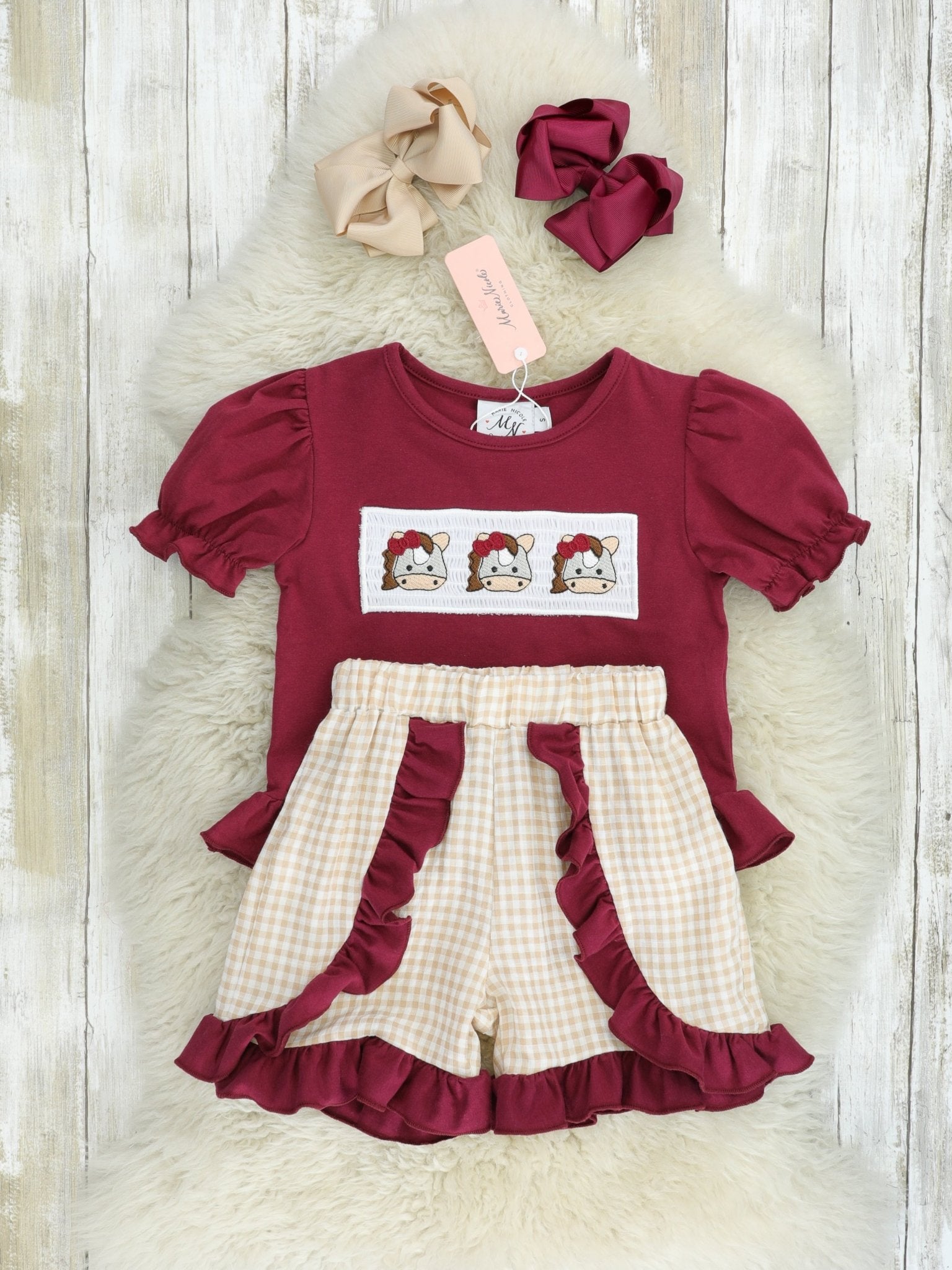 Maroon Smocked Horse Ruffle Outfit - Marie Nicole Clothing