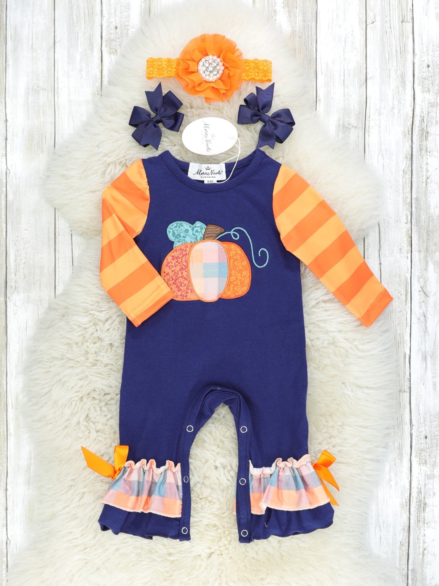 Plaid Pumpkin Striped Ruffle Romper - Marie Nicole Clothing