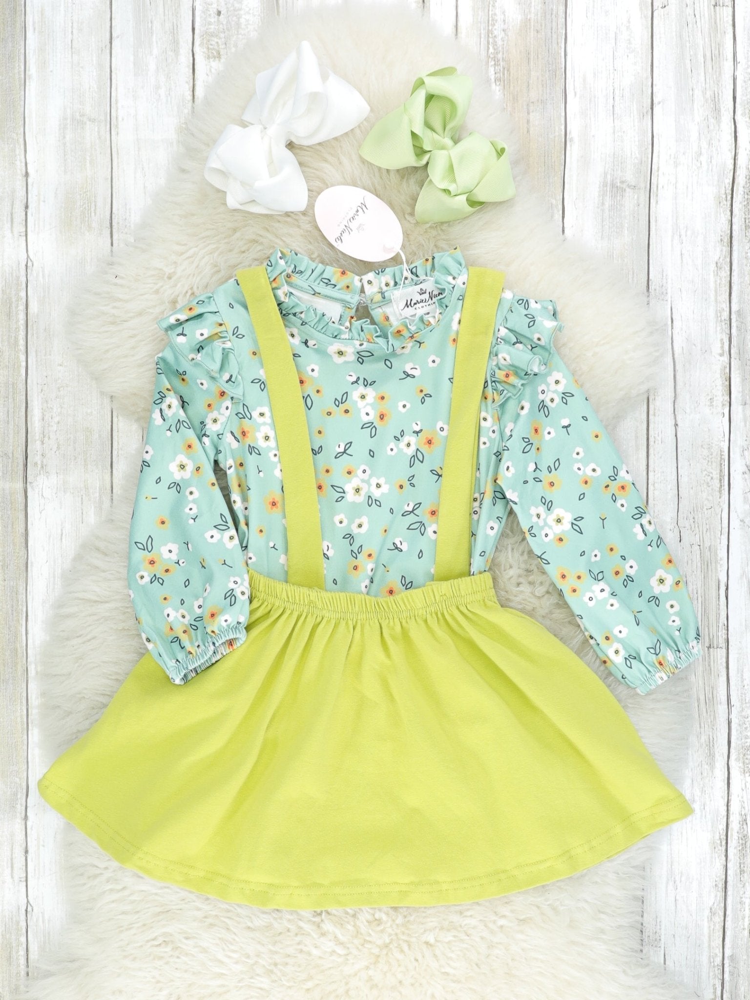 Sea Foam Green Floral Vintage Top & Suspender Skirt Set - Marie Nicole Clothing