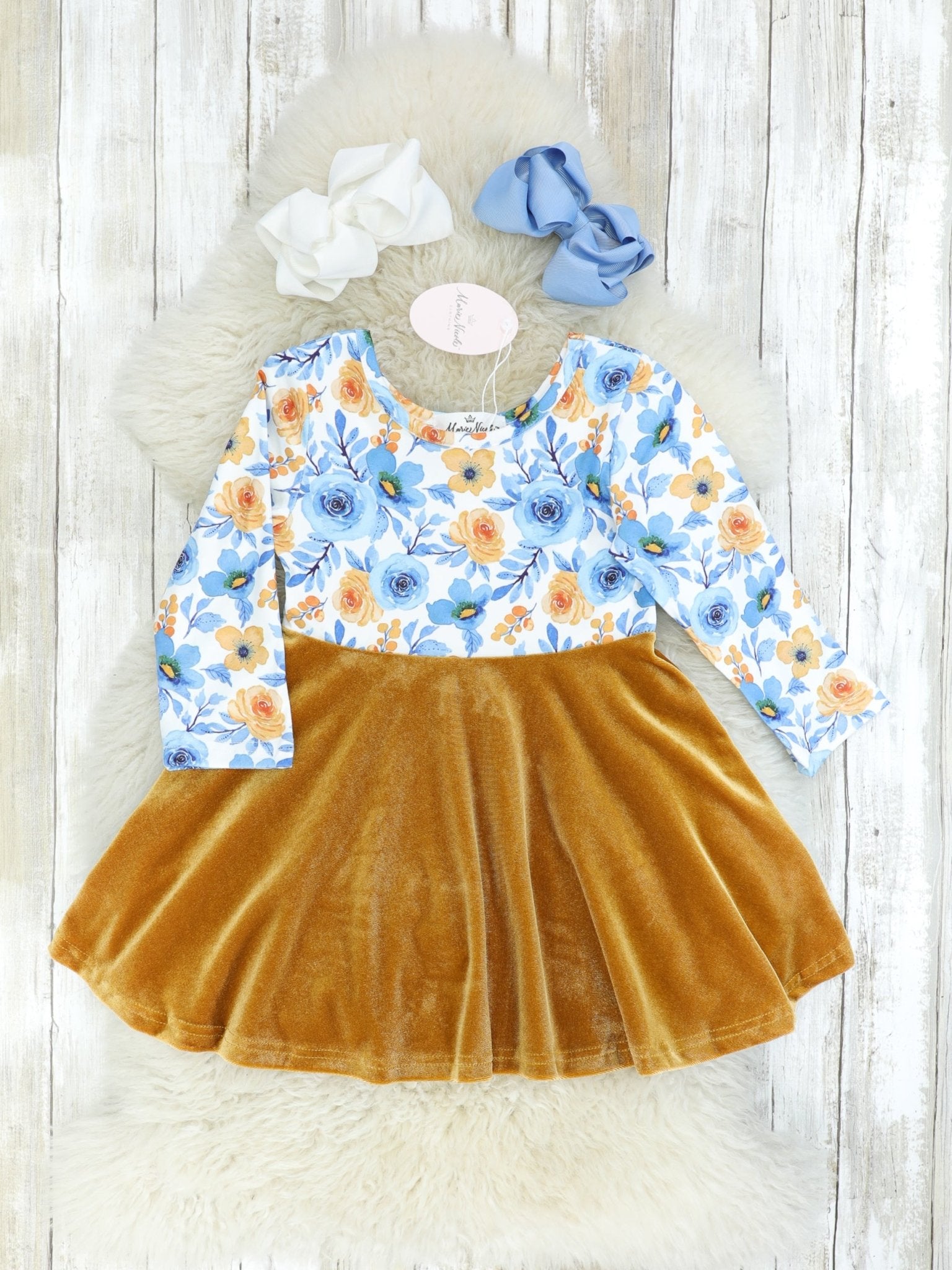 Golden Velvet & Blue Floral Swing Dress - Marie Nicole Clothing