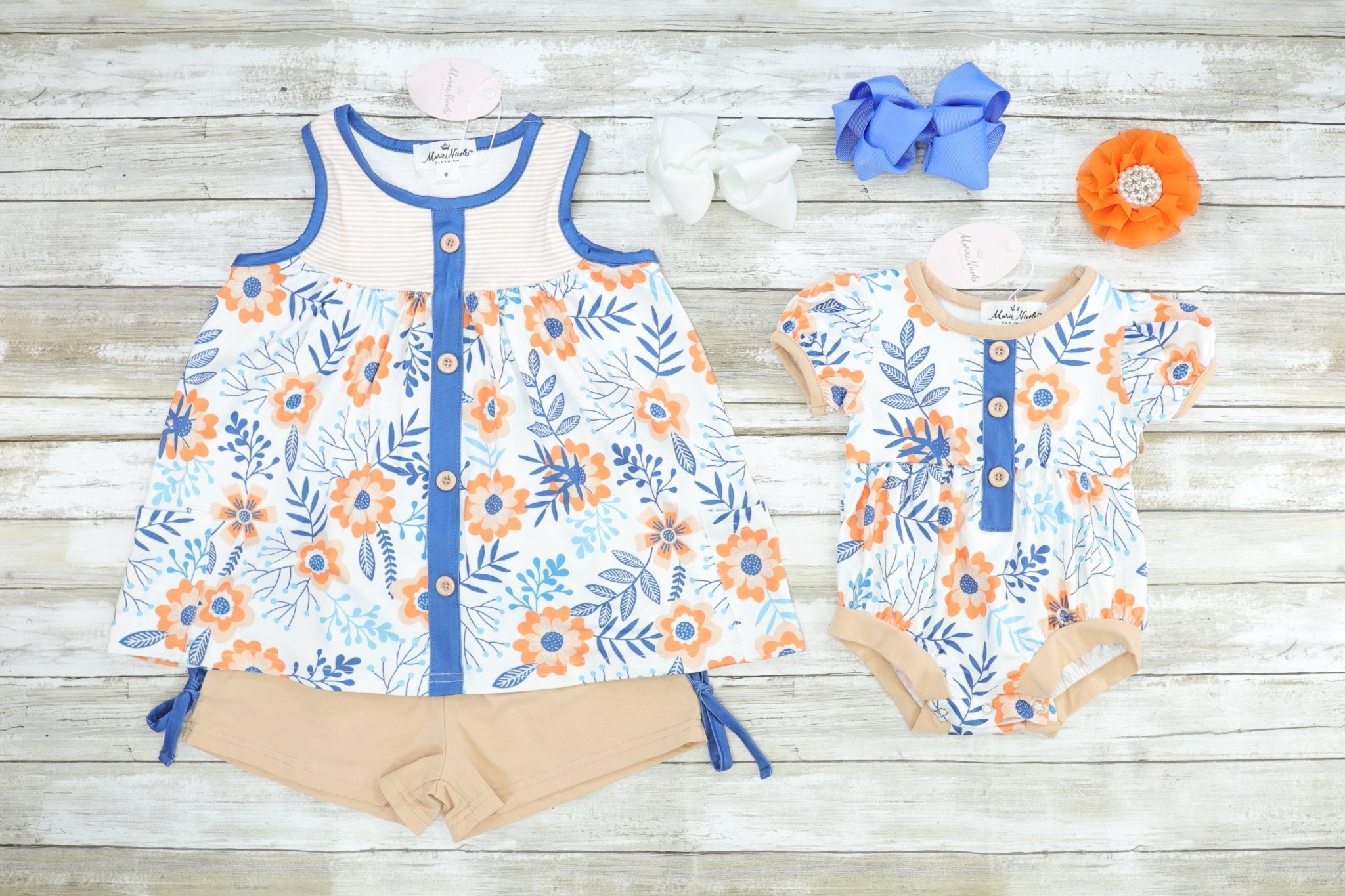 Blue & Peach Floral Bubble Romper - Marie Nicole Clothing