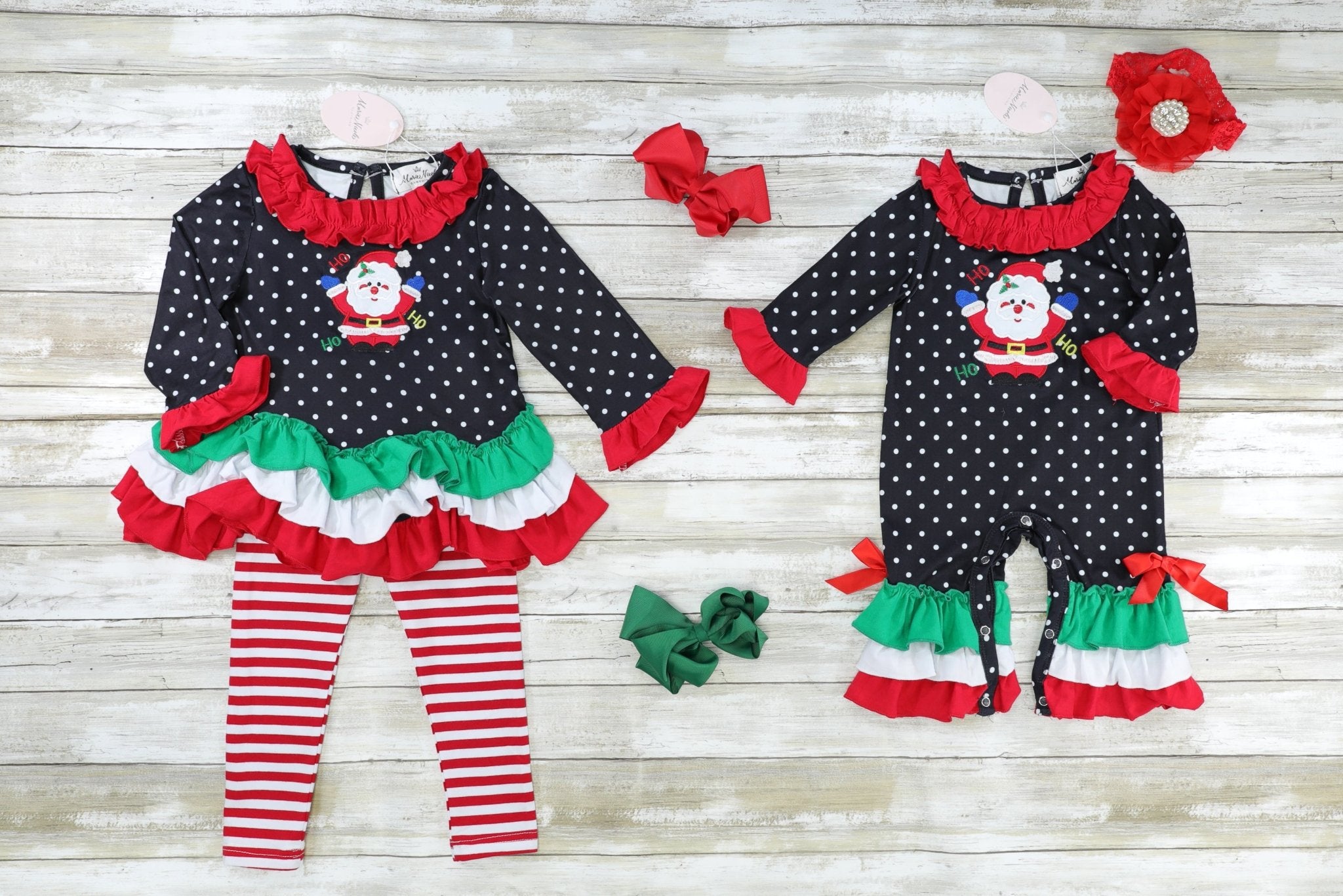 Black Polka Dot Santa Ruffle Outfit - Marie Nicole Clothing