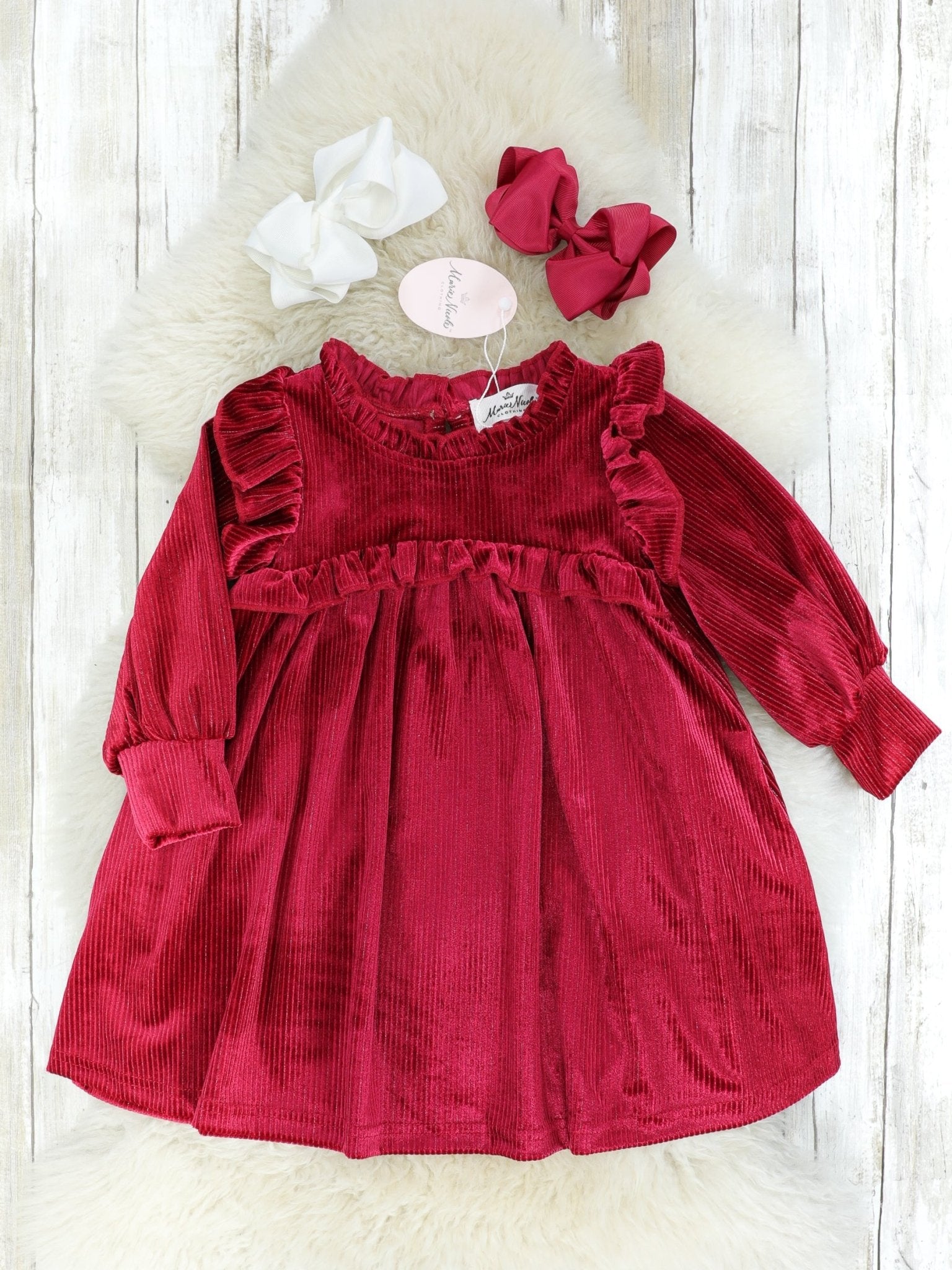 Ribbed Cranberry Velvet Ruffle Dress - Marie Nicole Clothing