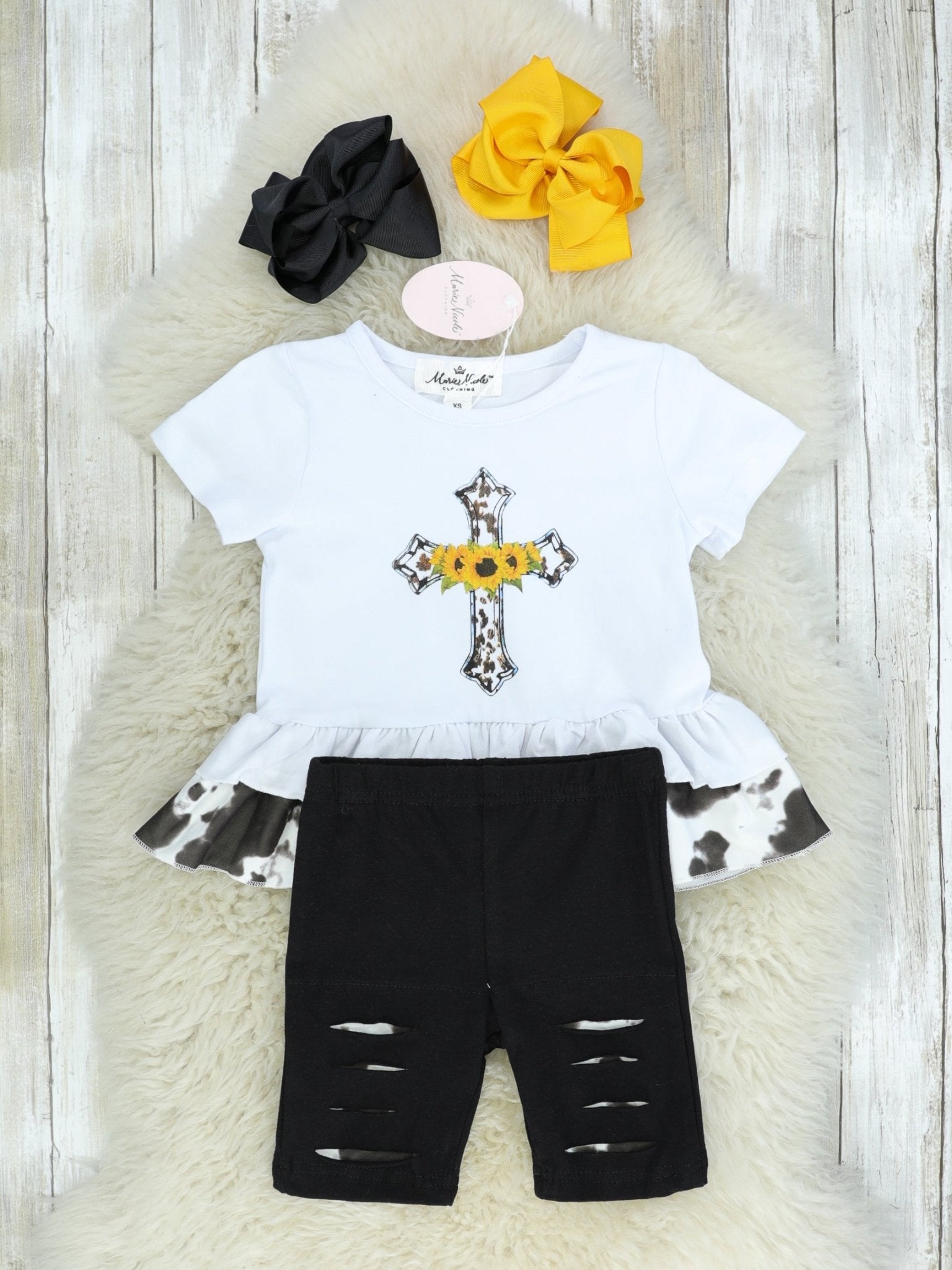 Sunflower Cross Ruffle Top & Distressed Bottoms Outfit - Marie Nicole Clothing