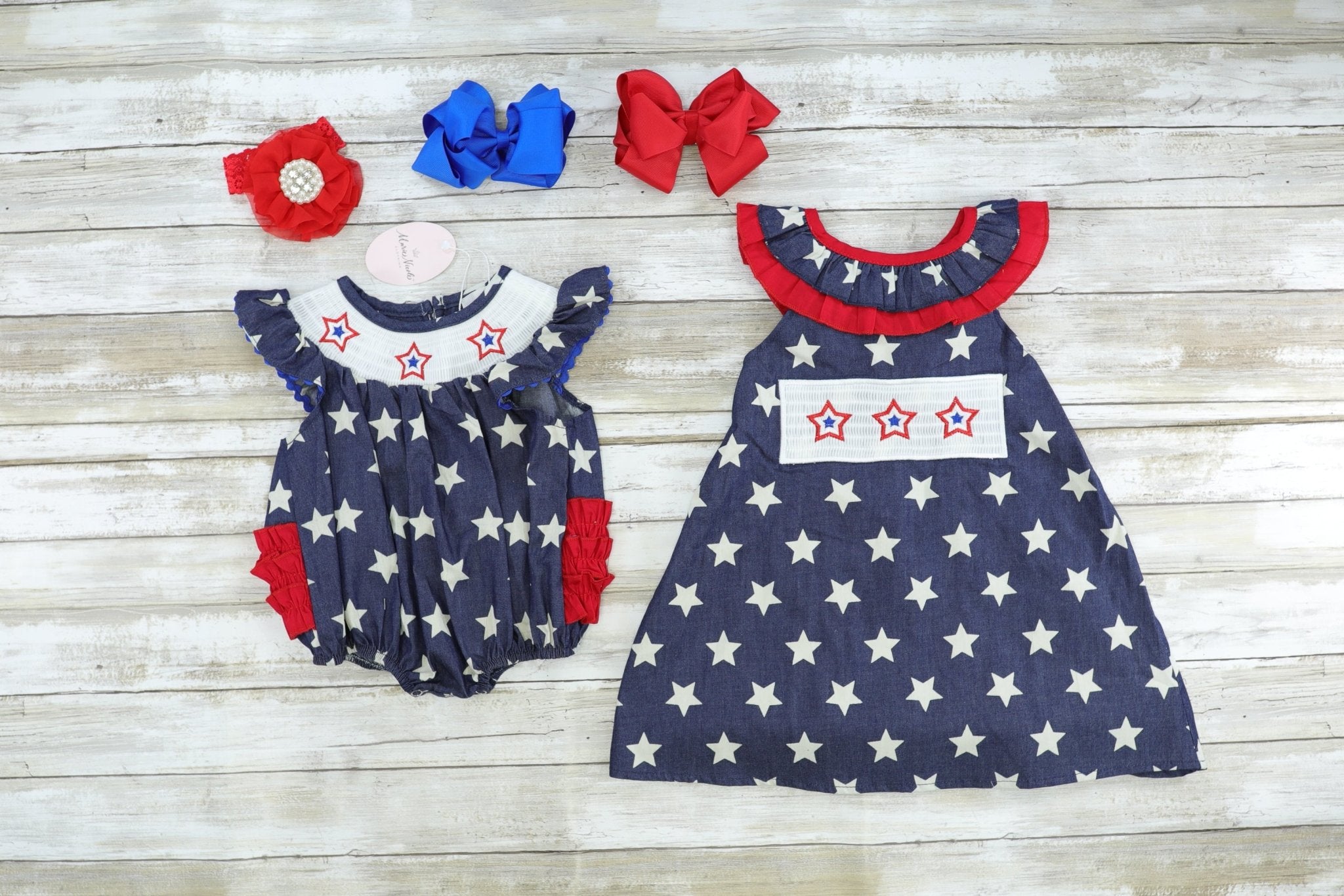 Navy Smocked Star Dress - Marie Nicole Clothing