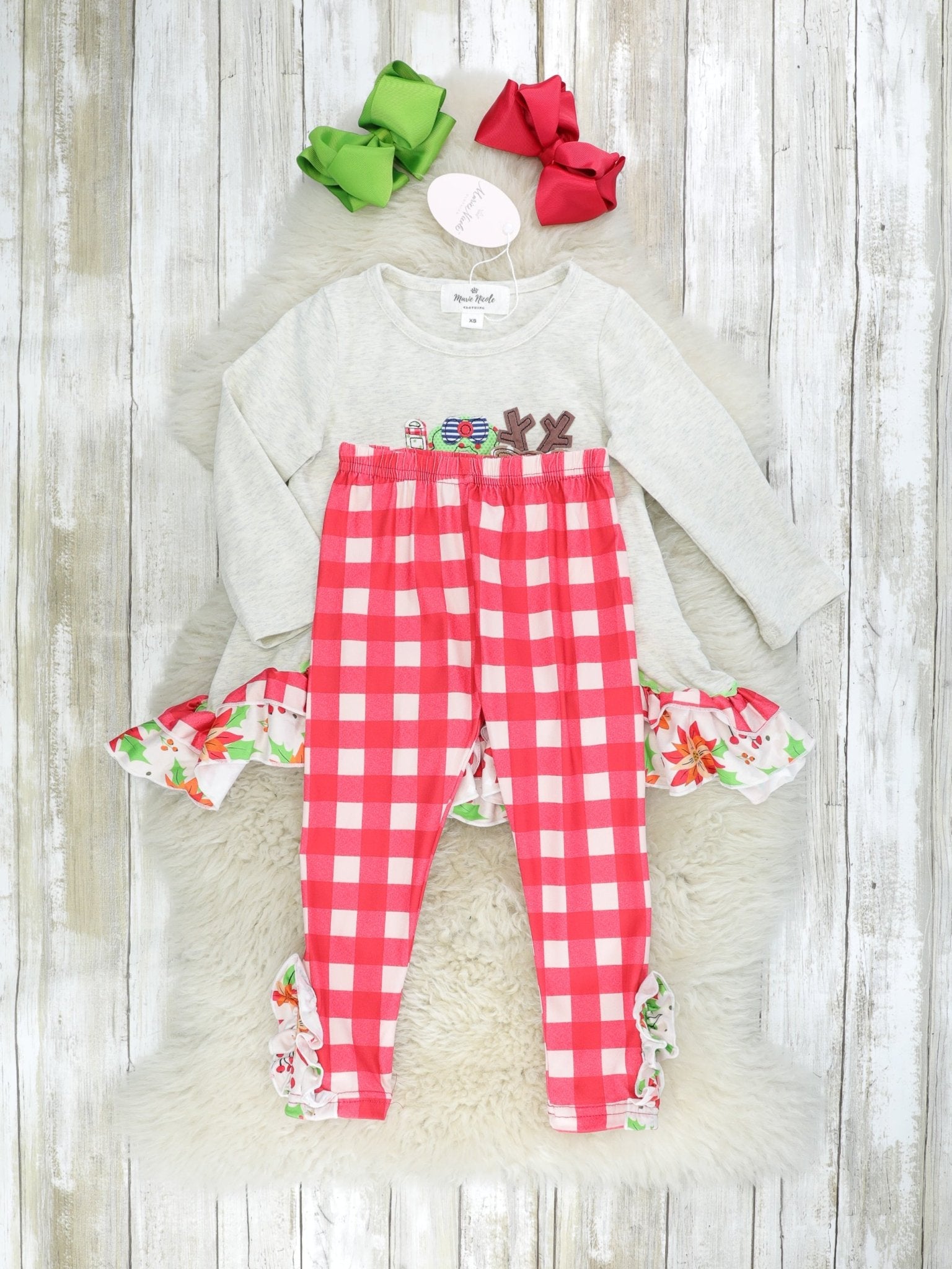 Red Gingham "JOY" Ruffle Outfit - Marie Nicole Clothing