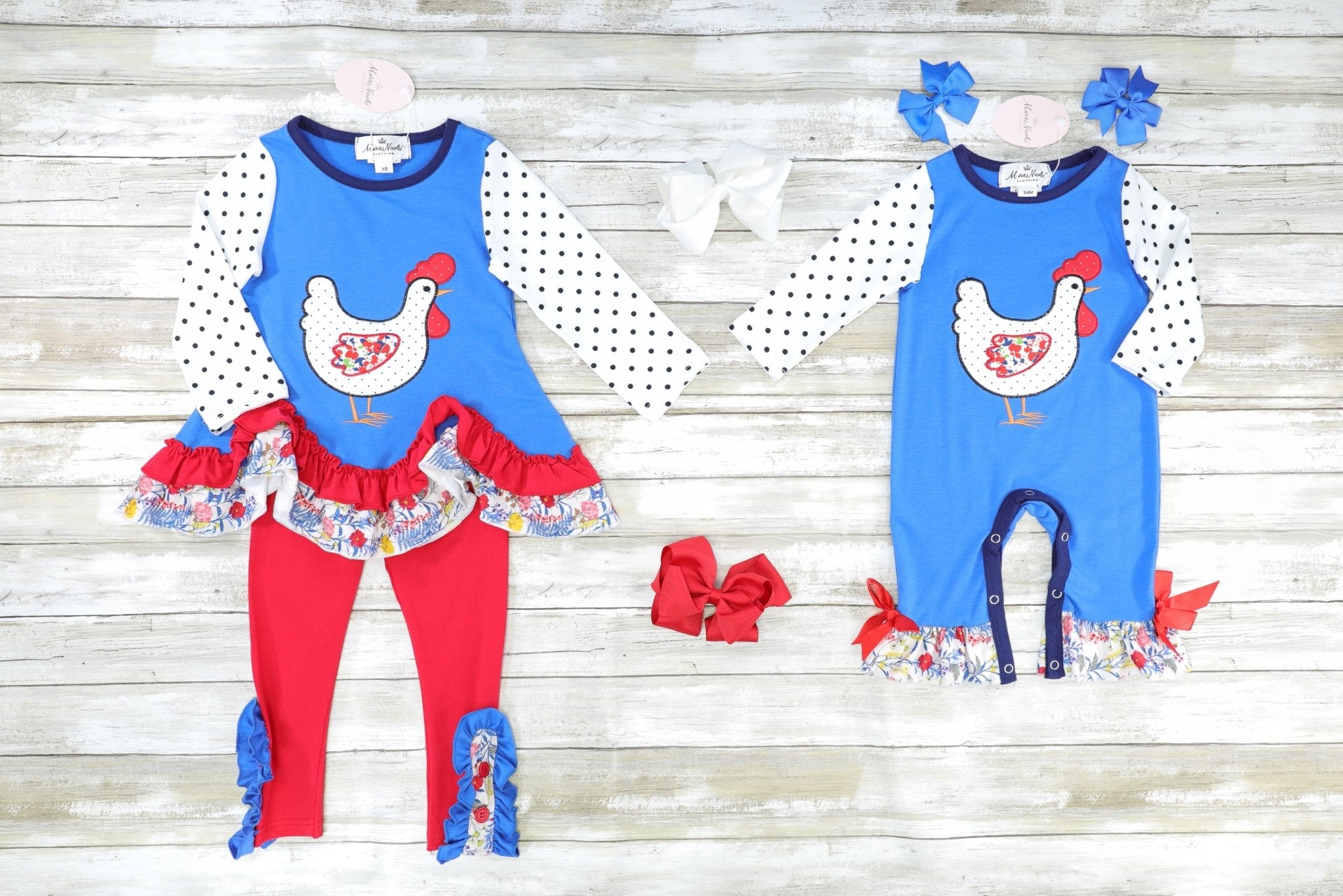 Blue Polka Dot Chicken Ruffle Top & Red Floral Bottoms Outfit - Marie Nicole Clothing