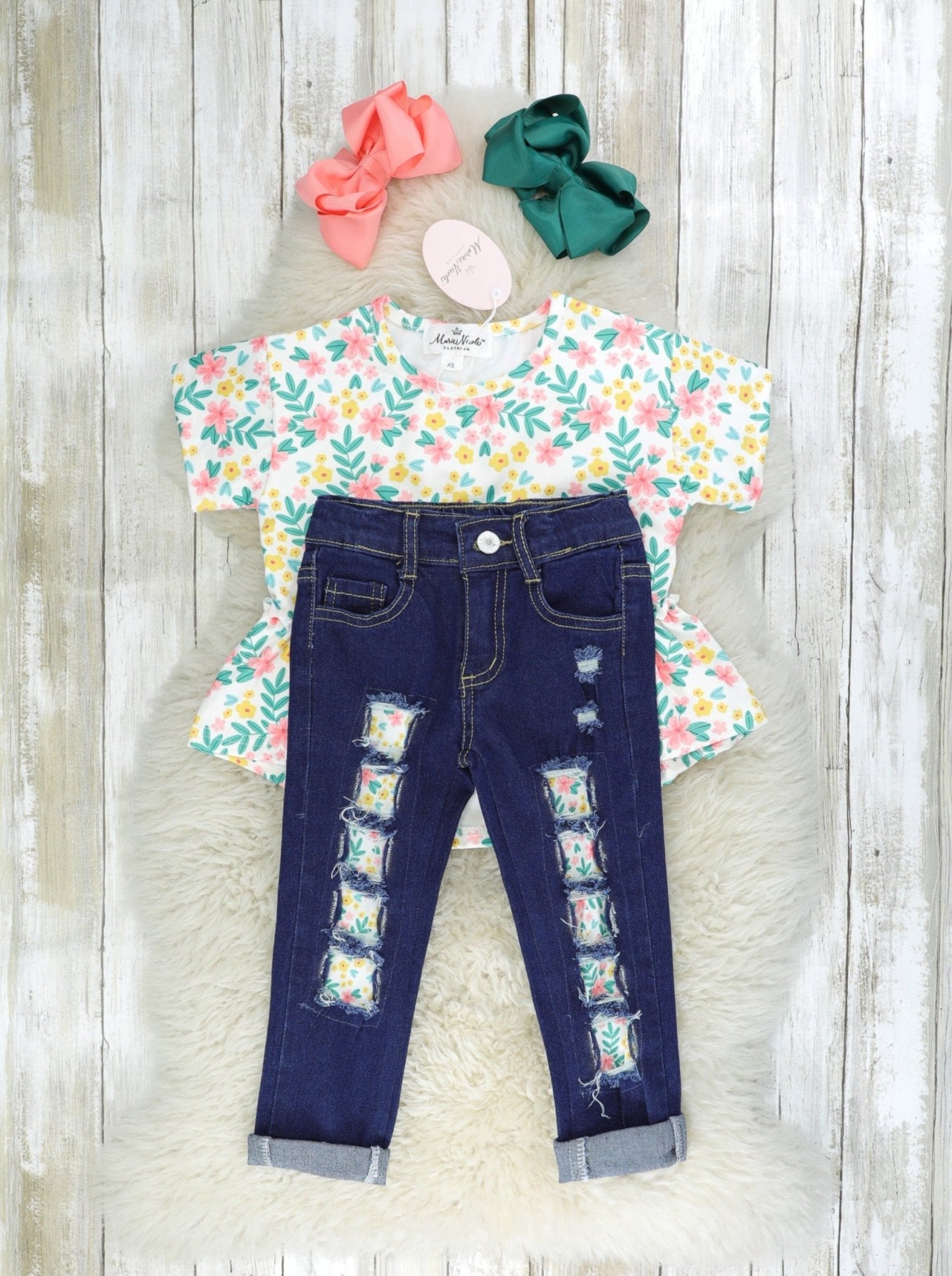 Yellow Floral Peplum Top & Distressed Denim Outfit - Marie Nicole Clothing