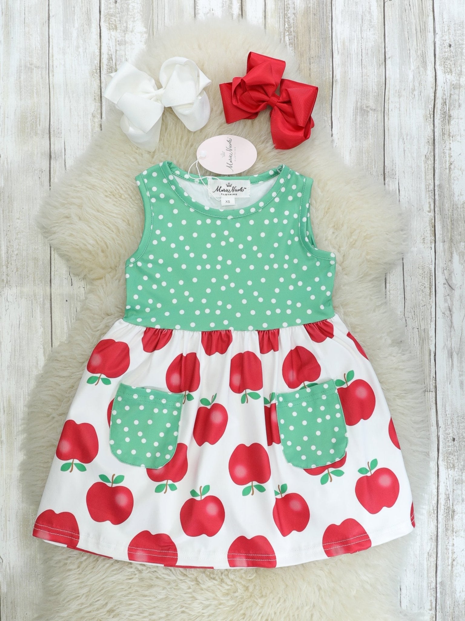 Red & Green Apple Ruffle Pocket Dress - Marie Nicole Clothing