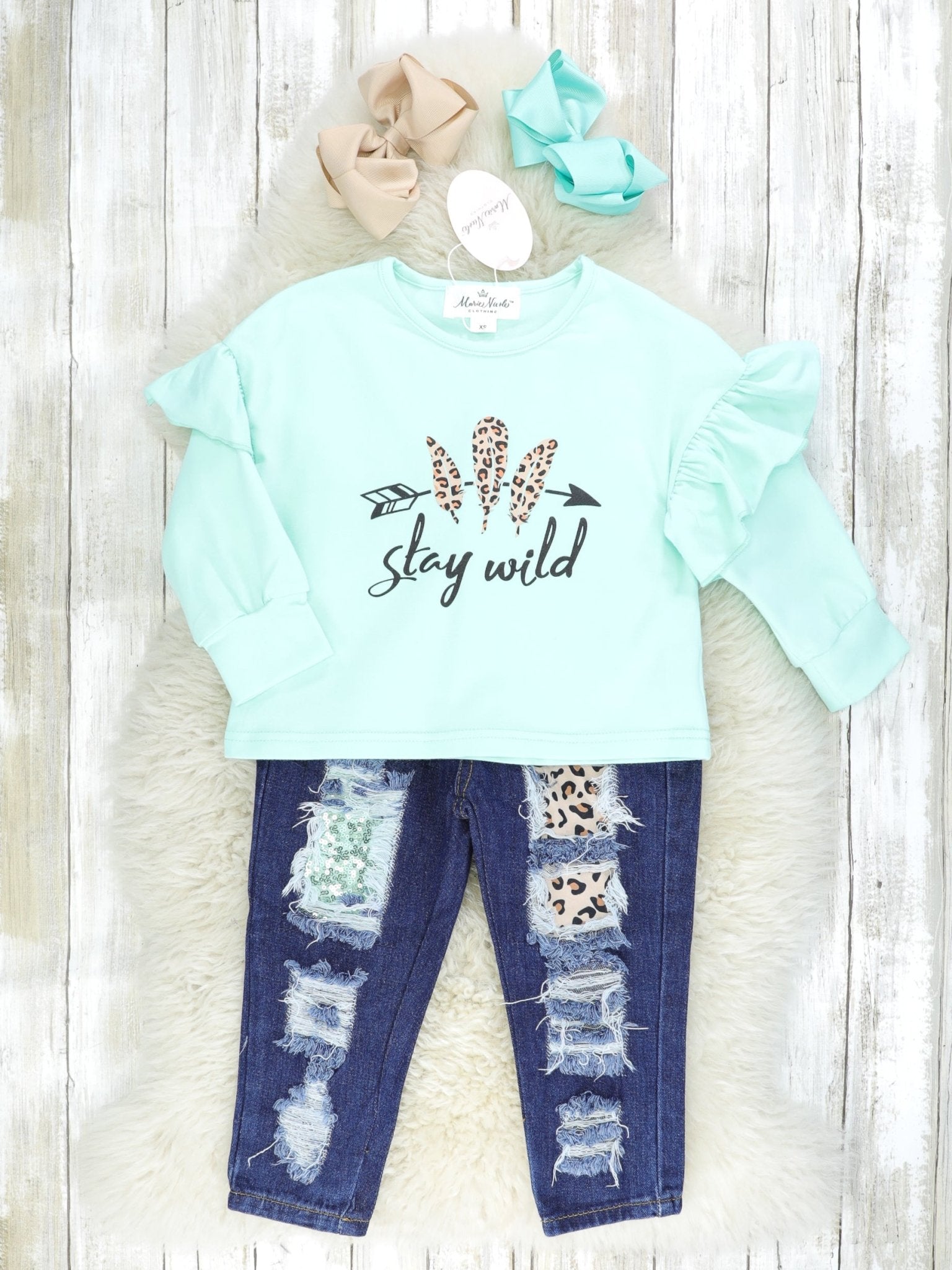 "Stay Wild" Leopard Ruffle Top & Distressed Sequin Denim Outfit - Marie Nicole Clothing