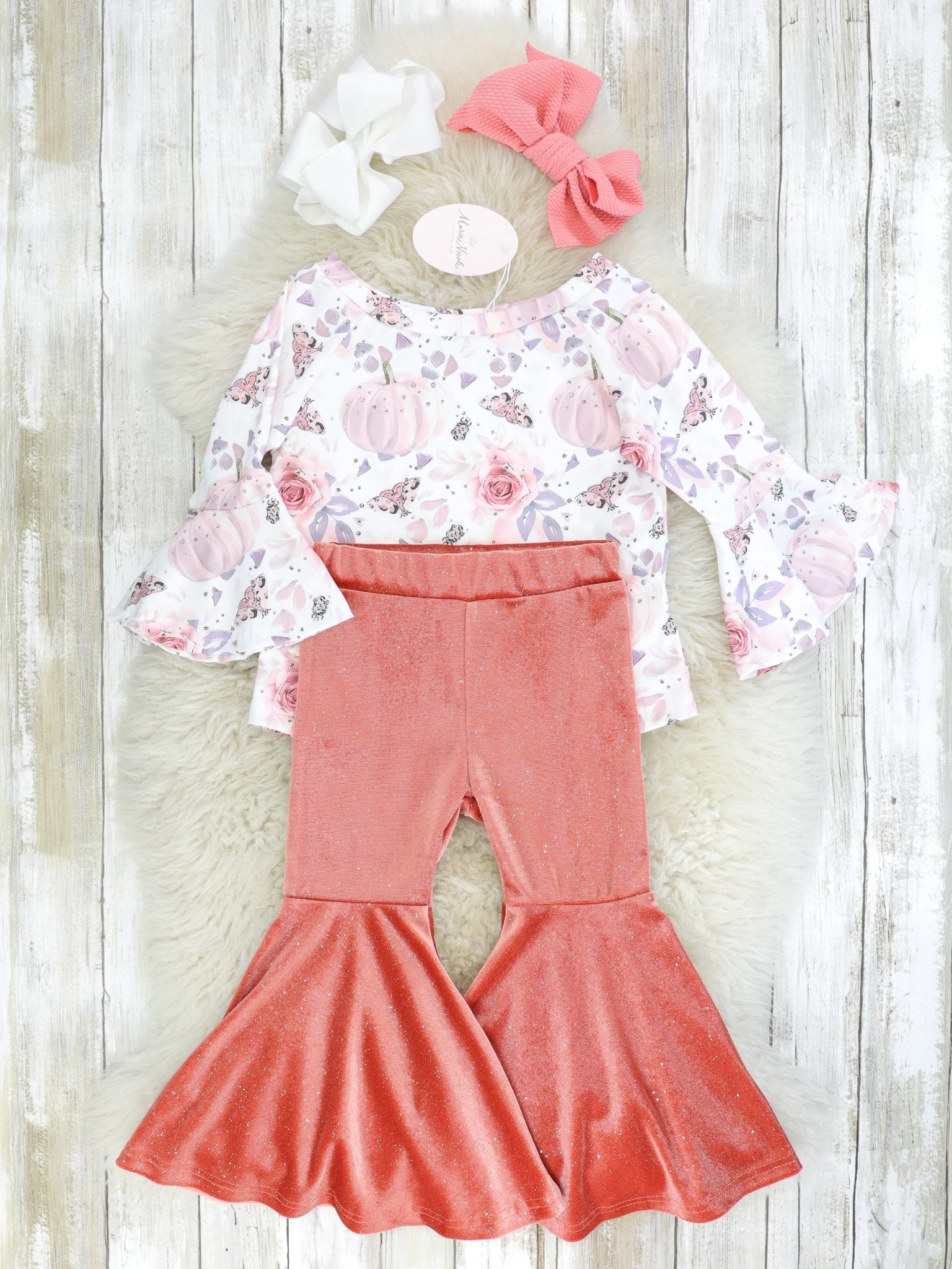 Pink Floral Pumpkin Top & Velvet Bell Bottoms - Marie Nicole Clothing