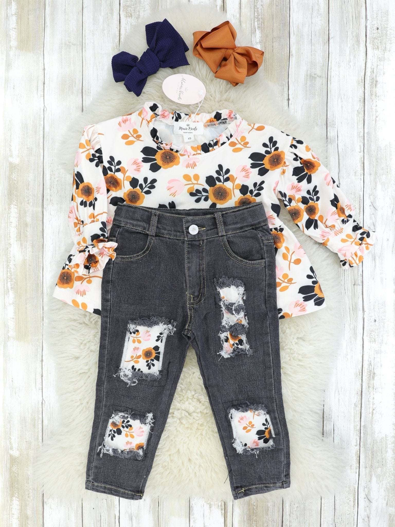 Orange Floral Tunic & Distressed Denim Outfit - Marie Nicole Clothing