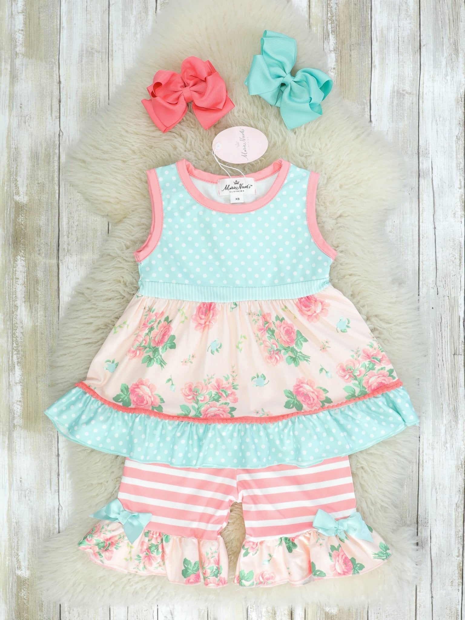 Blue Polka Dot Floral Ruffle Outfit - Marie Nicole Clothing