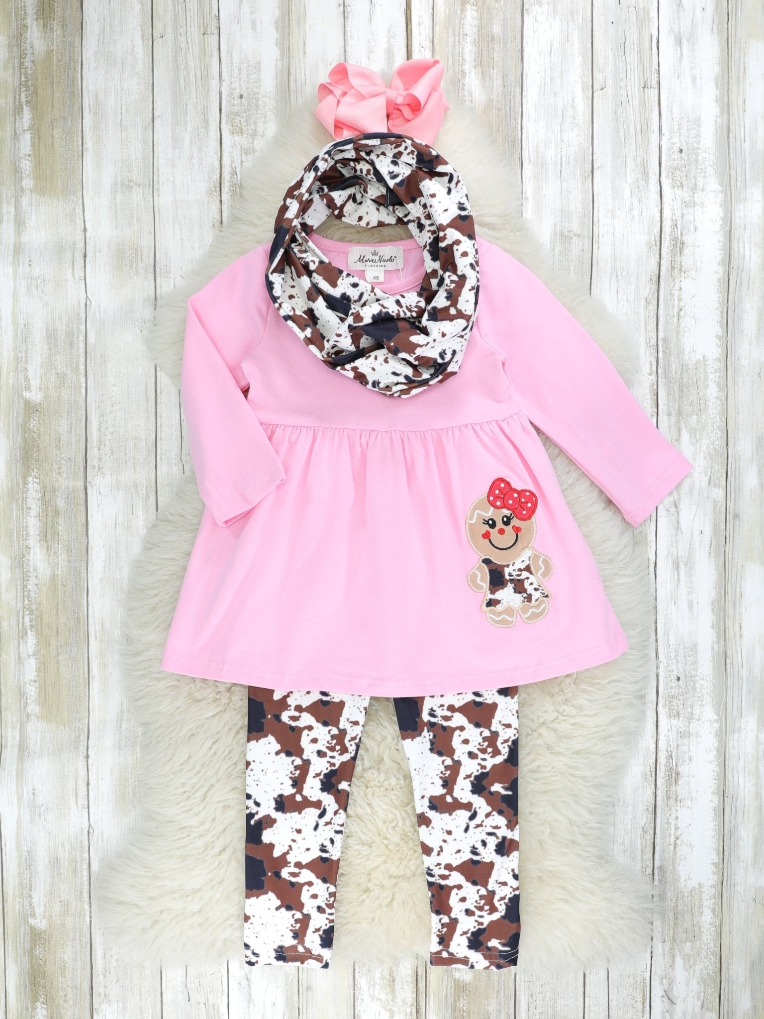 Pink Gingerbread Cow Print 3 - Piece Outfit - Marie Nicole Clothing