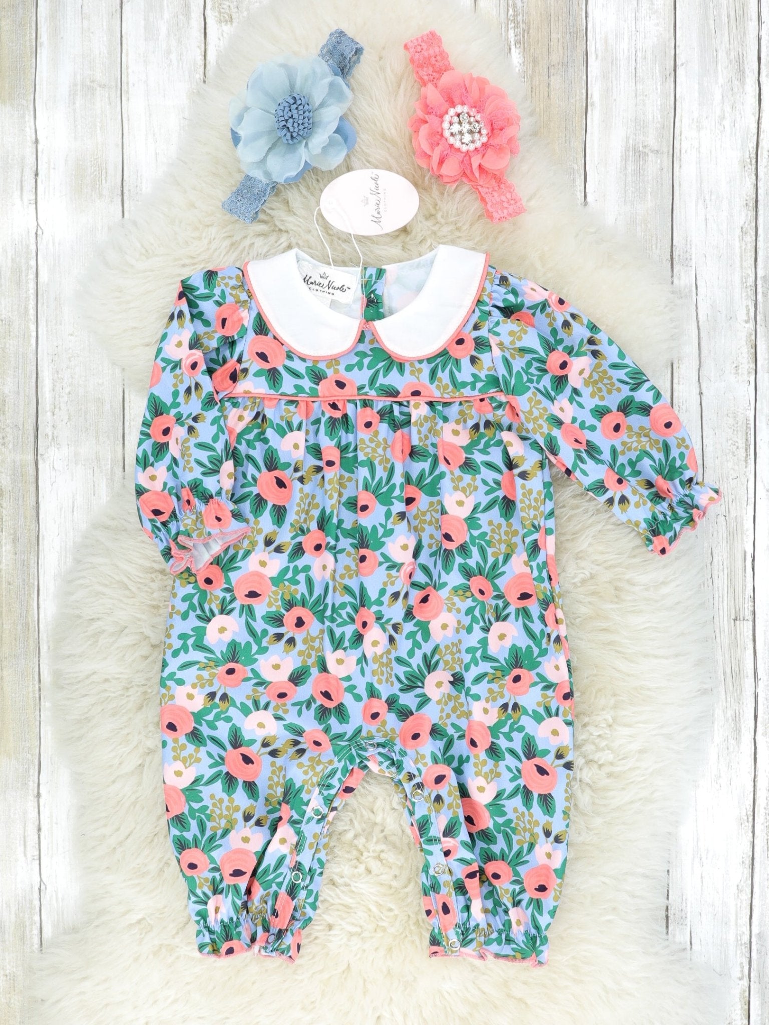 Blue & Pink Vintage Floral Romper - Marie Nicole Clothing