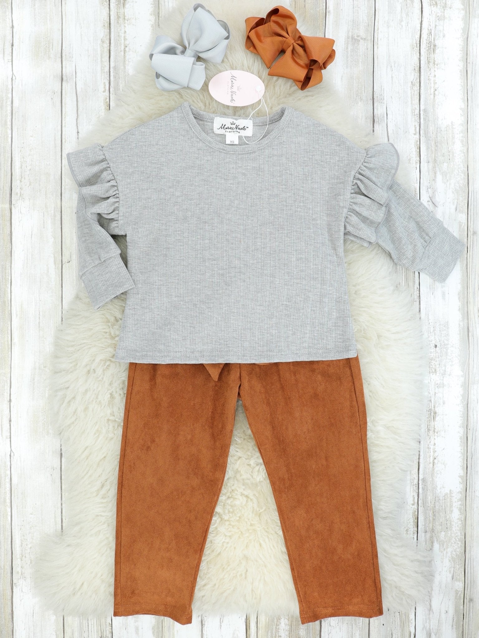 Grey Ribbed Ruffle Top & Camel Suede Bottoms Outfit - Marie Nicole Clothing