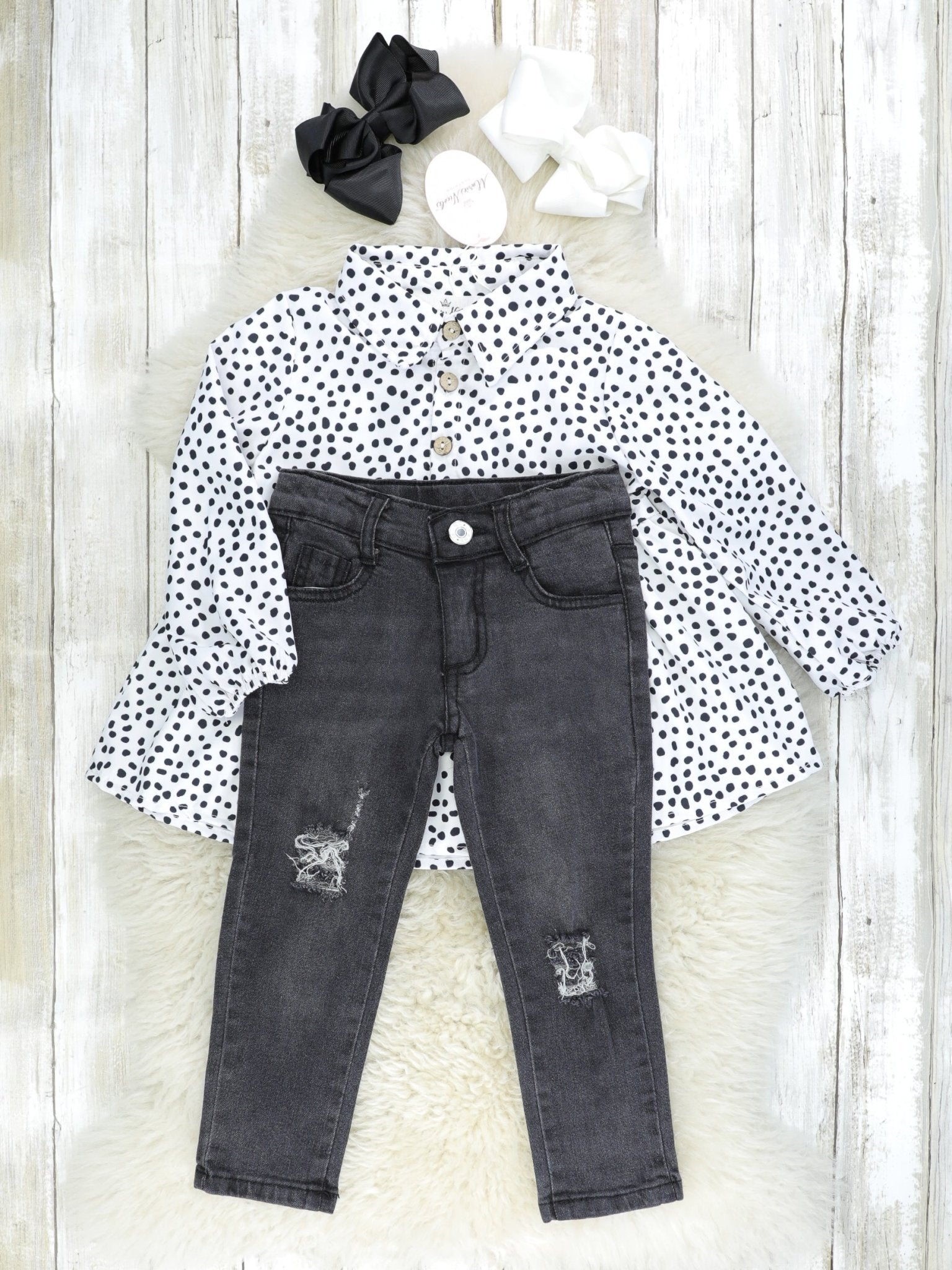 Dalmatian Polo Peplum Top & Black Denim Outfit - Marie Nicole Clothing