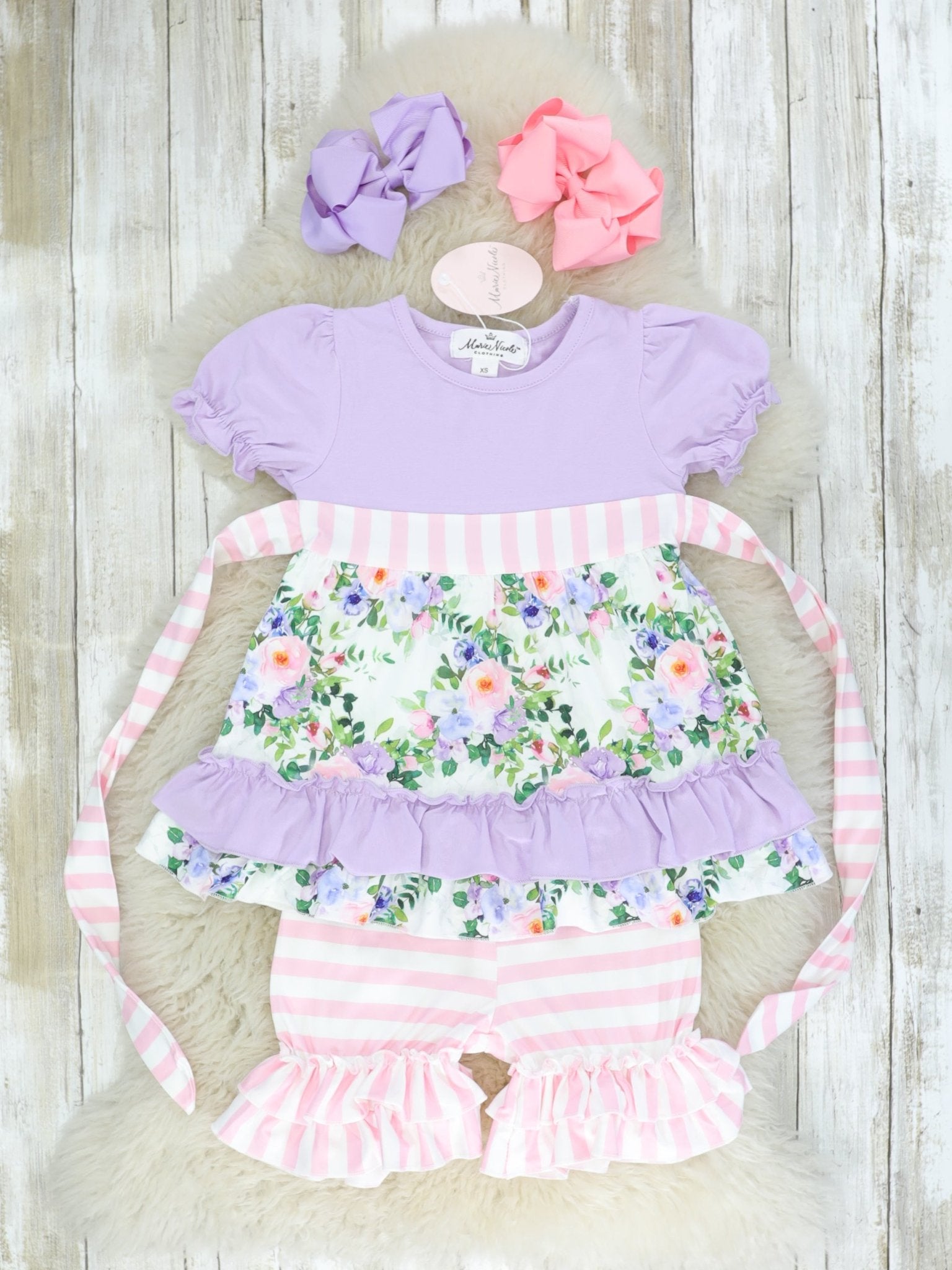Purple Floral & Pink Striped Ruffle Outfit - Marie Nicole Clothing