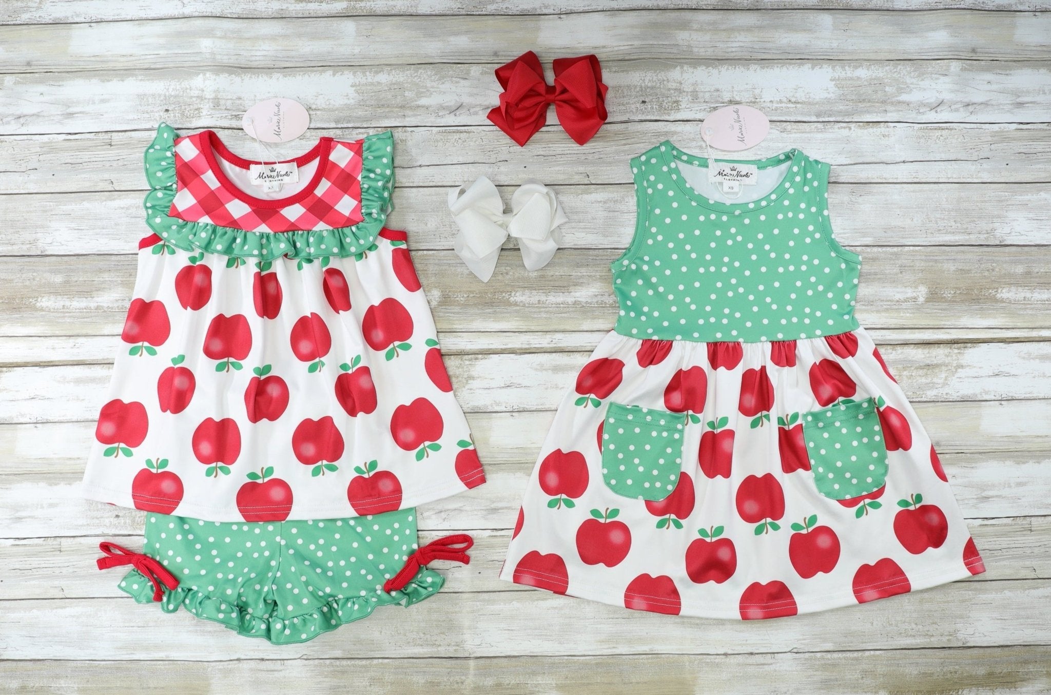 Red & Green Apple Ruffle Pocket Dress - Marie Nicole Clothing