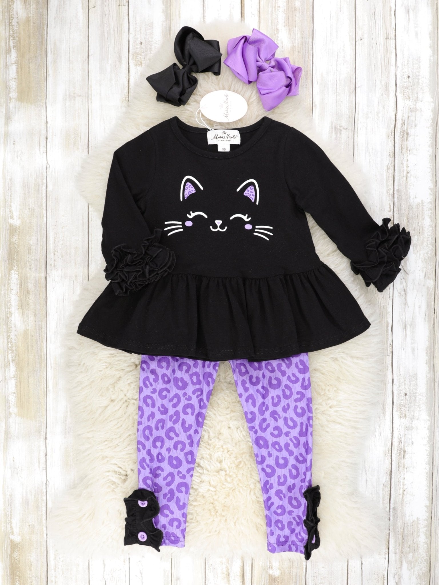 Black Cat Ruffle Peplum Top & Purple Leopard Print Bottoms Outfit - Marie Nicole Clothing