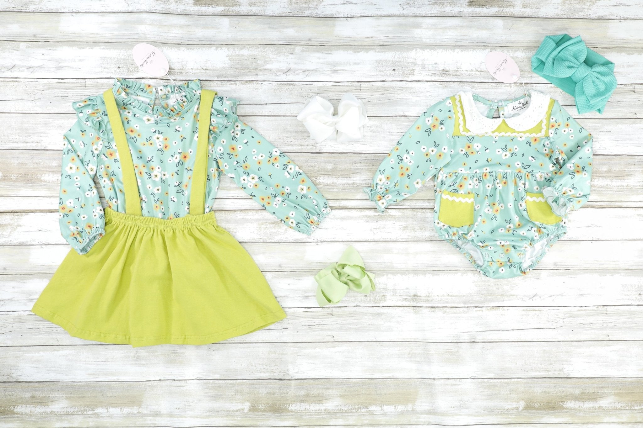 Sea Foam Green Floral Vintage Pocket Romper - Marie Nicole Clothing